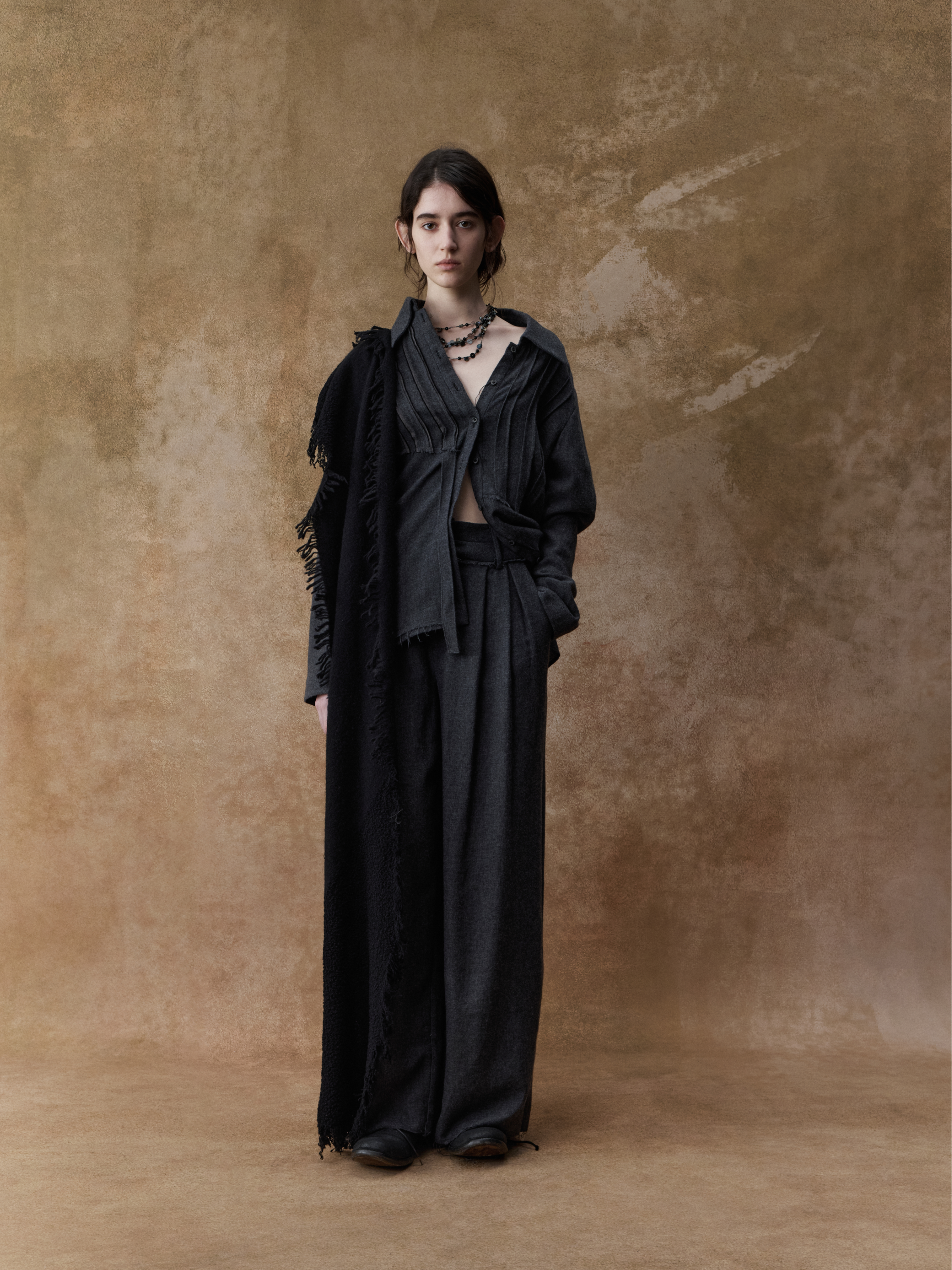 Dark Grey Wool Double-waistband Wide-leg Pants