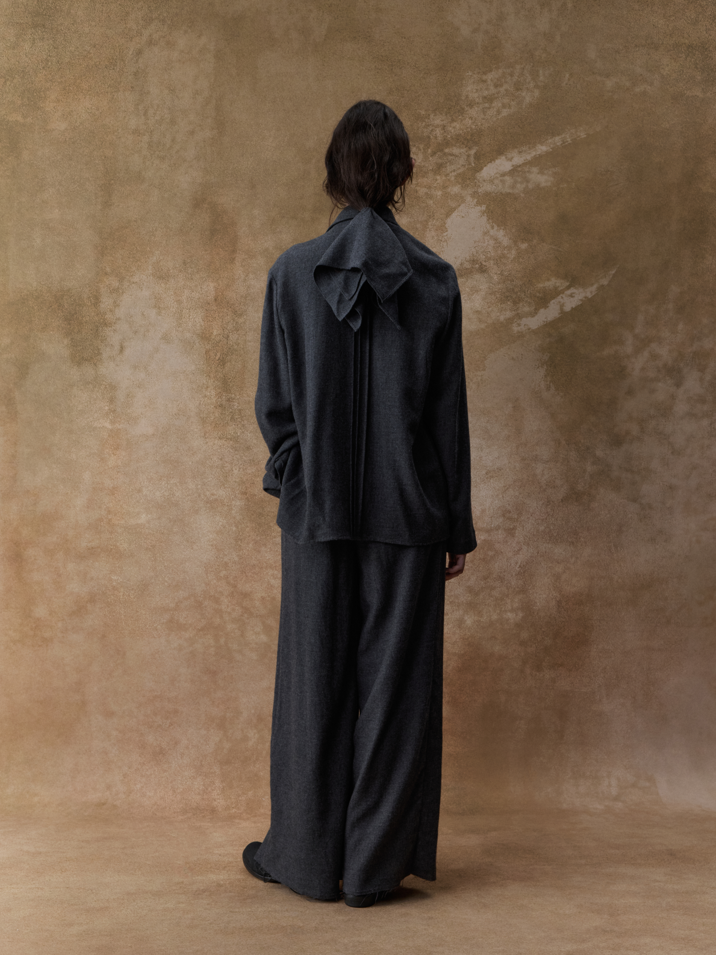 Dark Grey Wool Double-waistband Wide-leg Pants