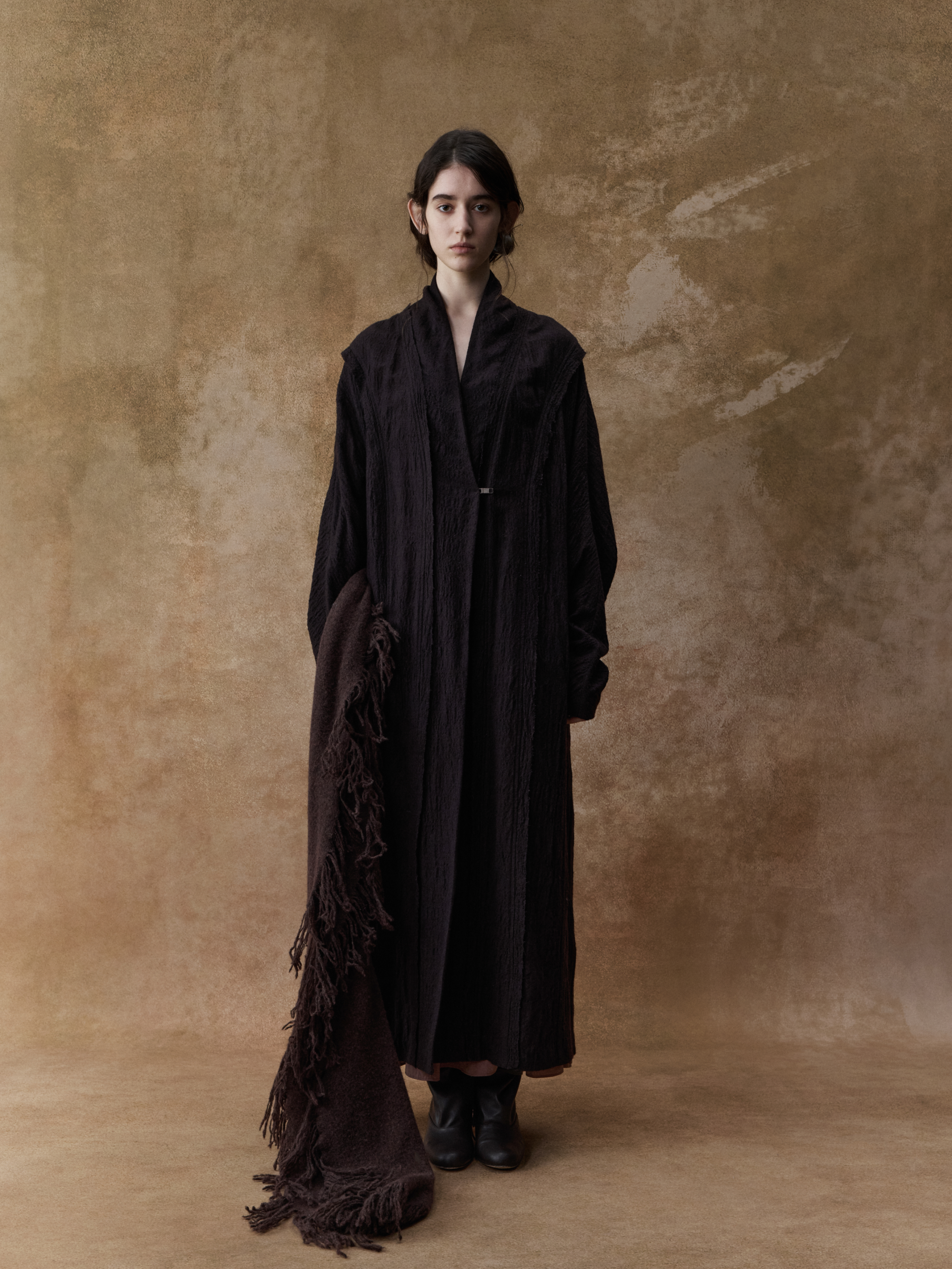 Dark Brown Textured Frayed Edge Long Cardigan