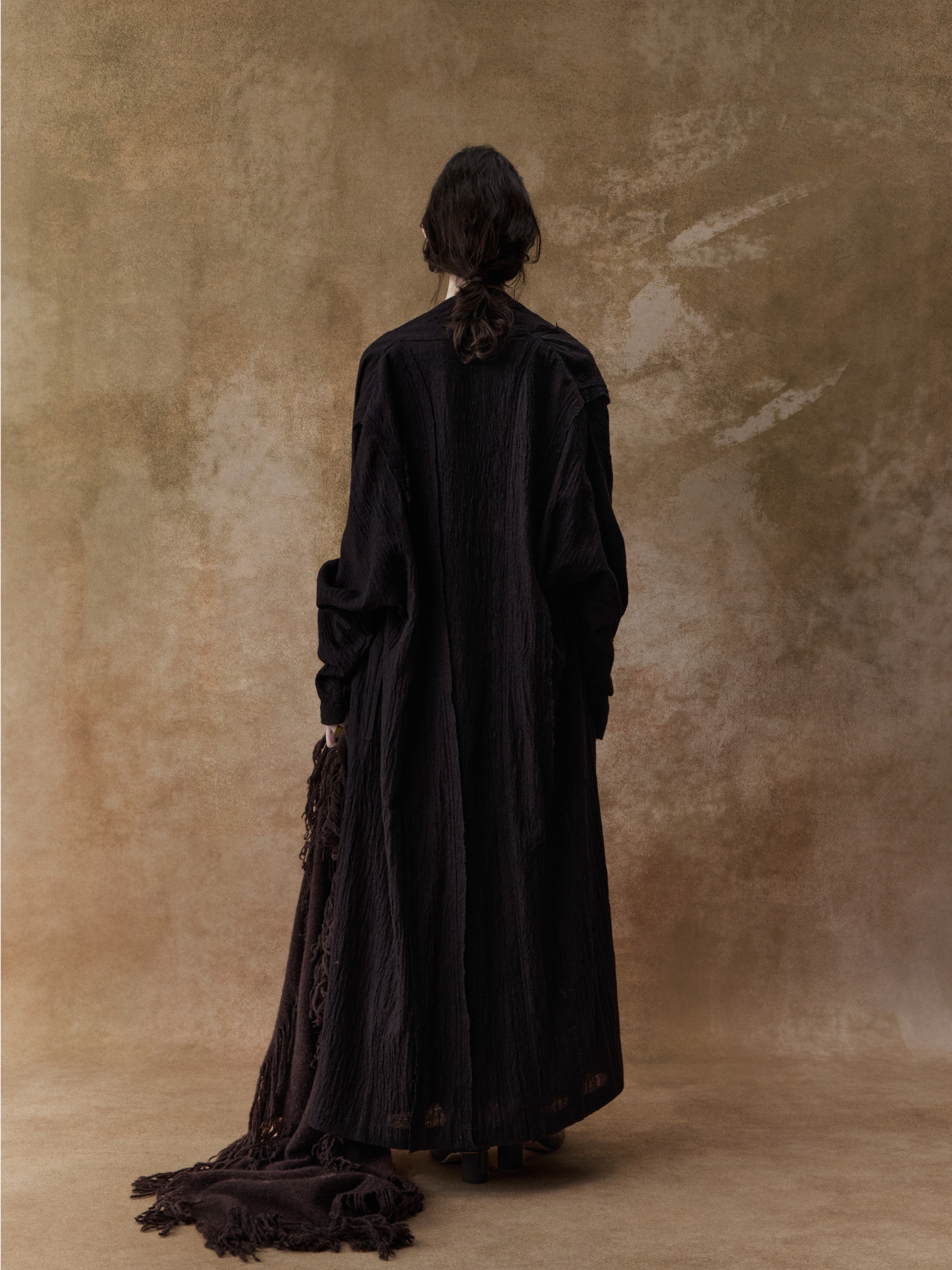 Dark Brown Textured Frayed Edge Long Cardigan