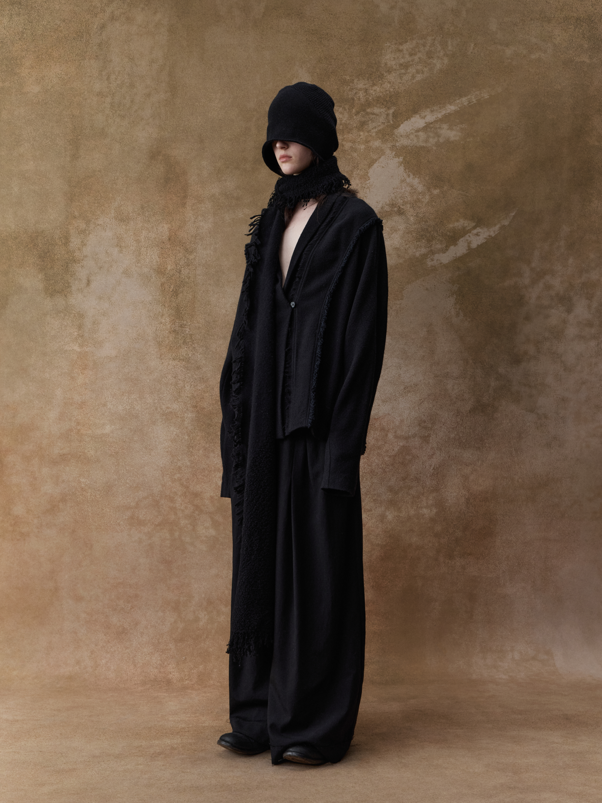 Black Diagonally Pleated Trousers