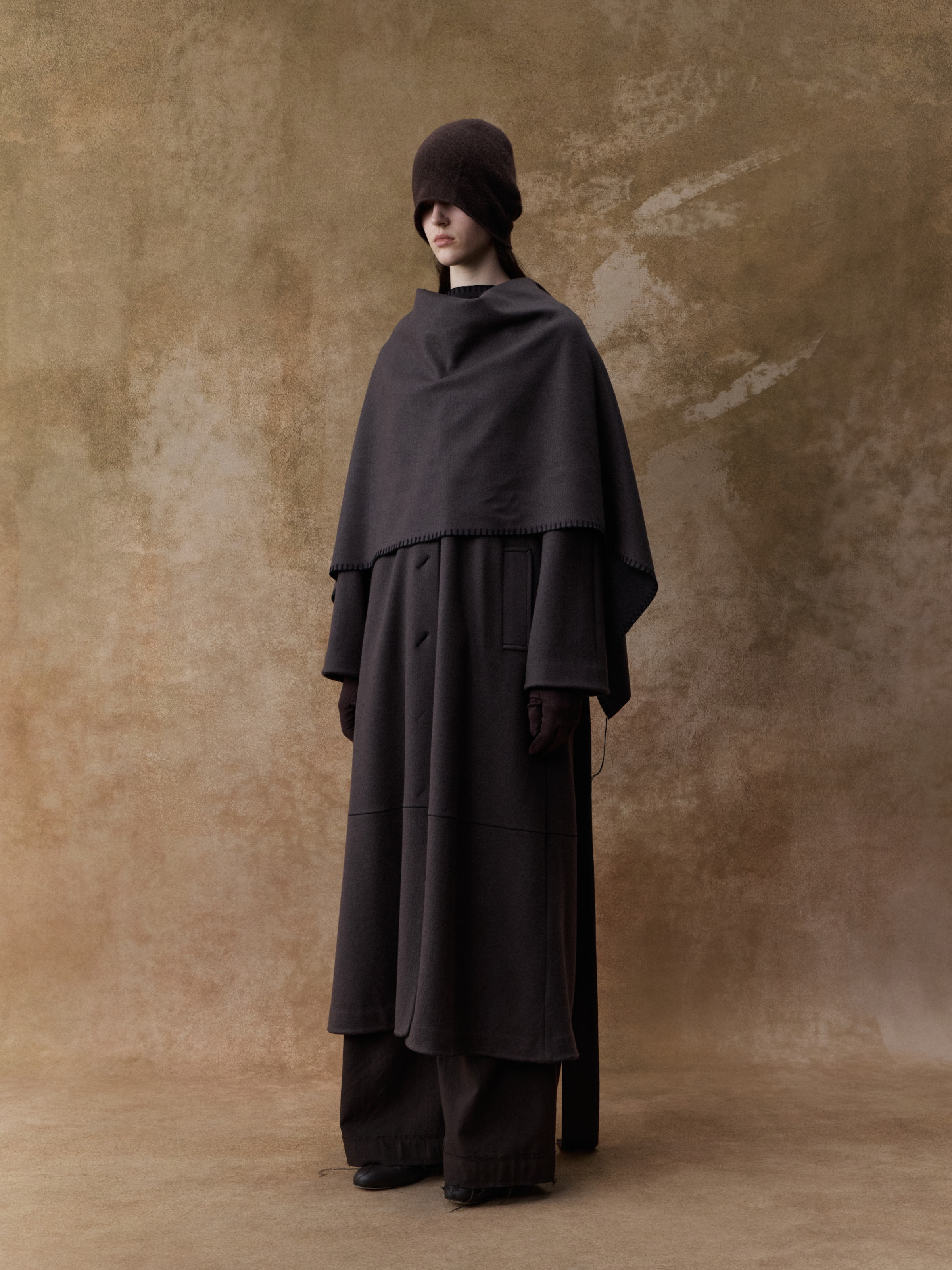 Purple and Brown Scarf Detail Wool Coat