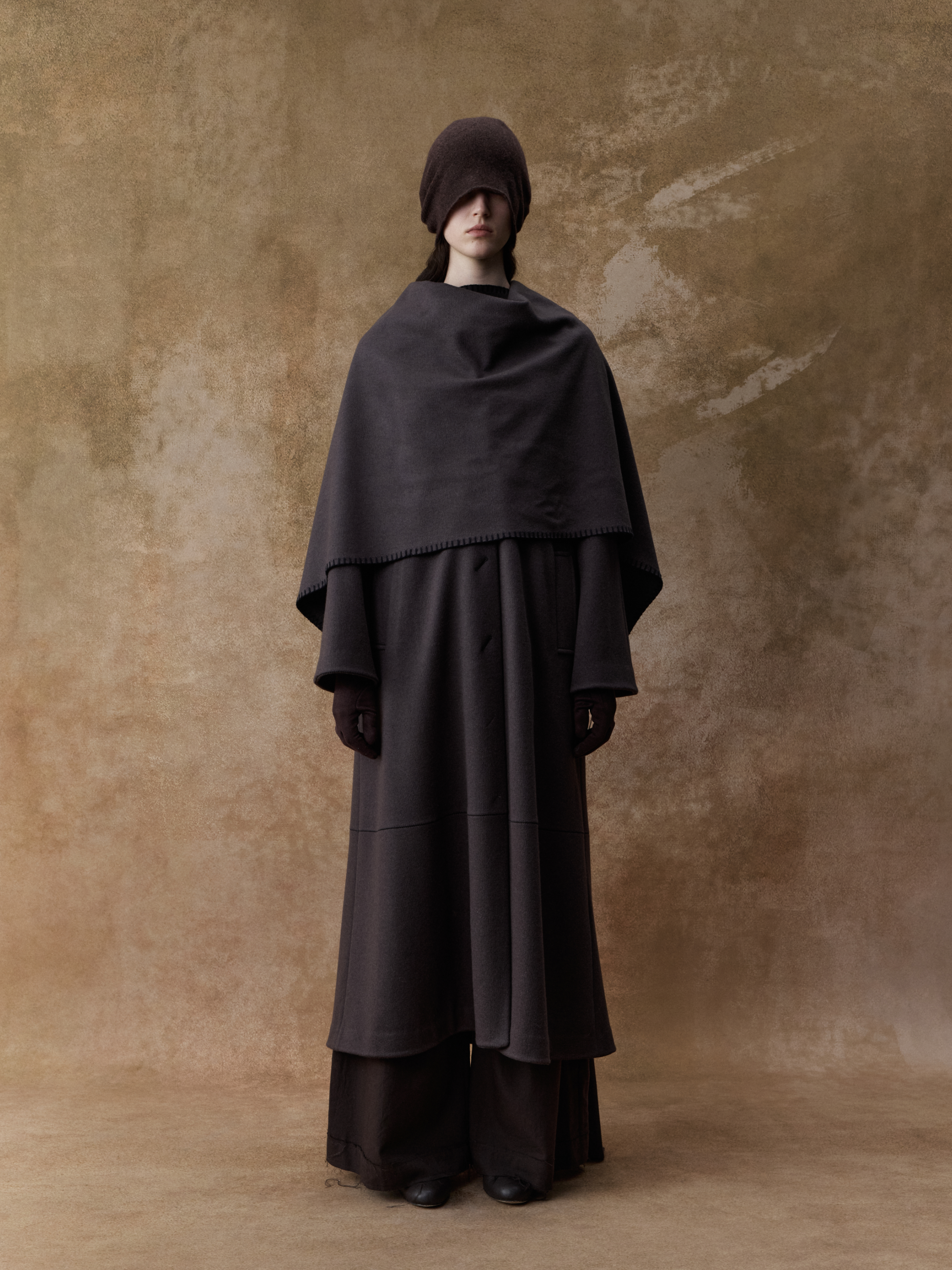 Purple and Brown Scarf Detail Wool Coat