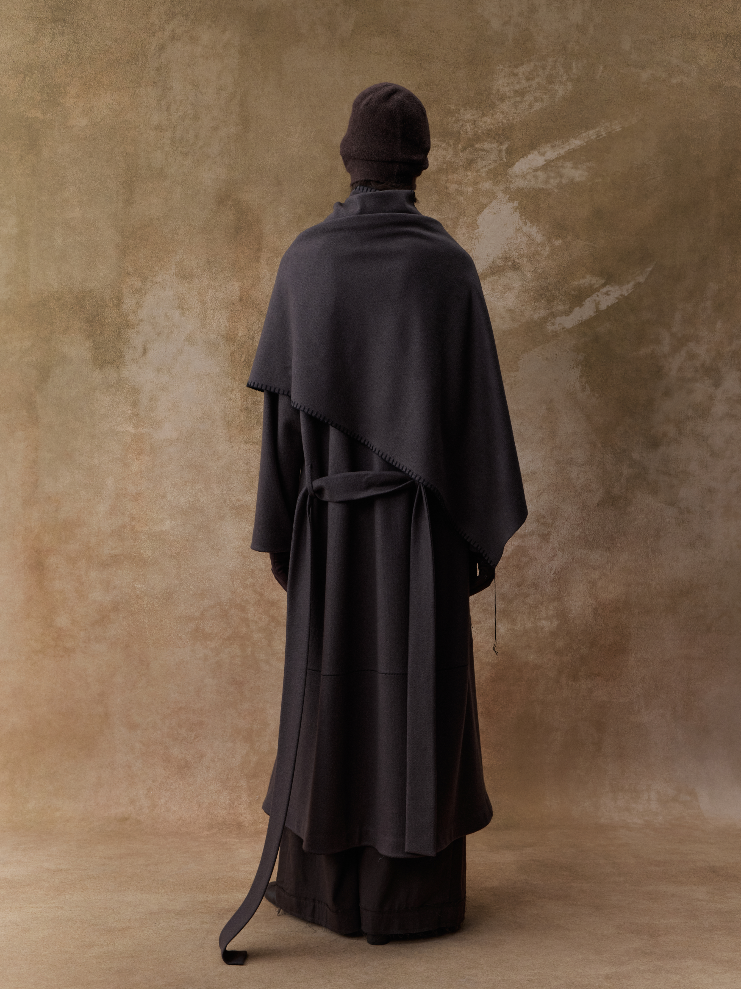 Purple and Brown Scarf Detail Wool Coat