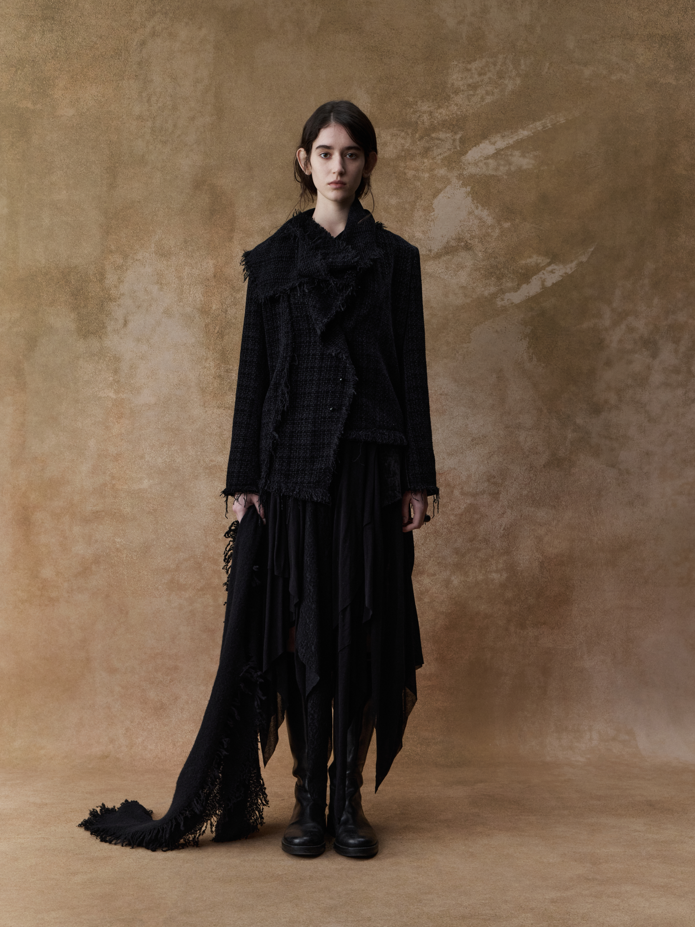 Black Frayed Edge Patterned Knit Coat