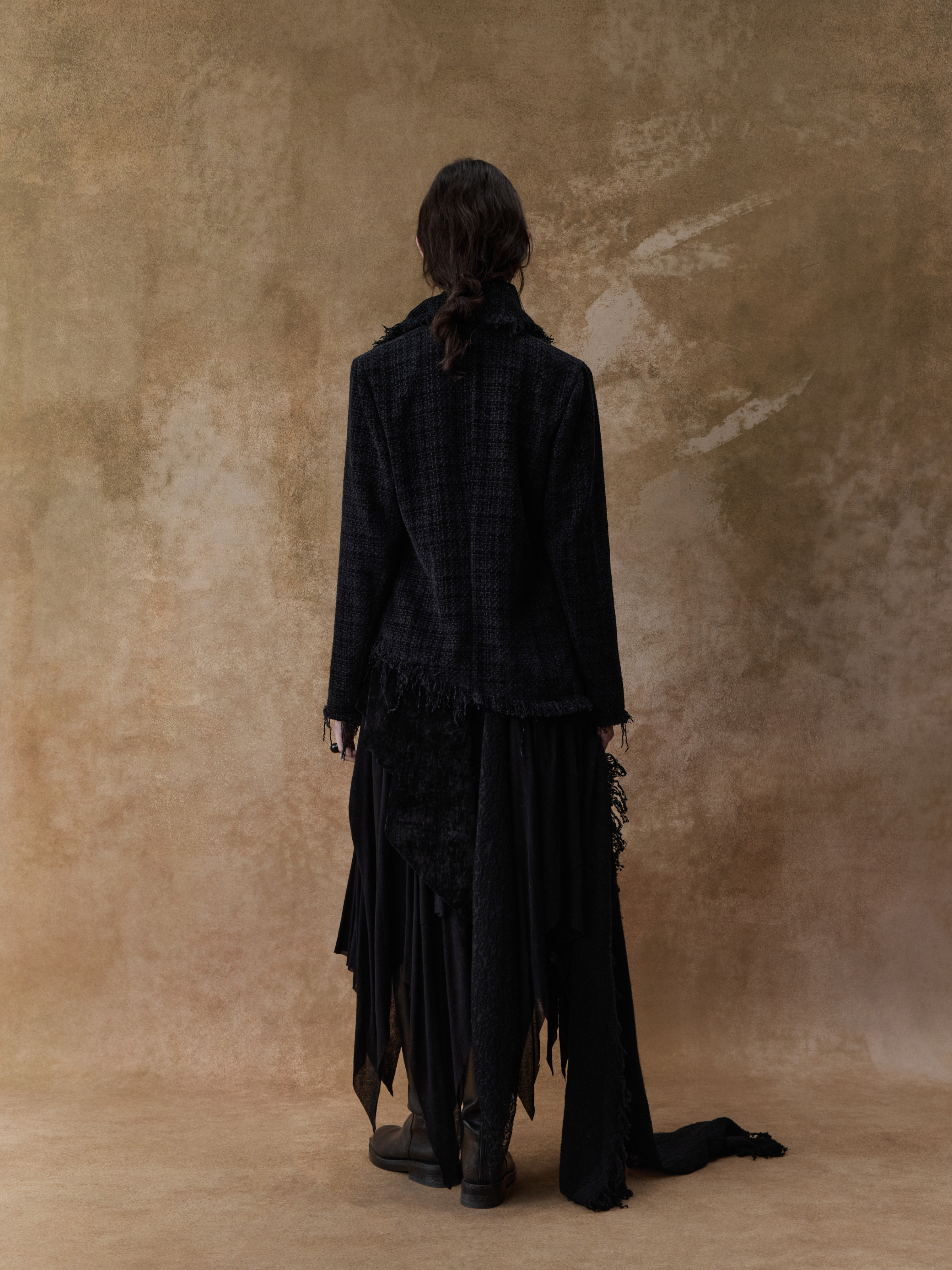Black Frayed Edge Patterned Knit Coat