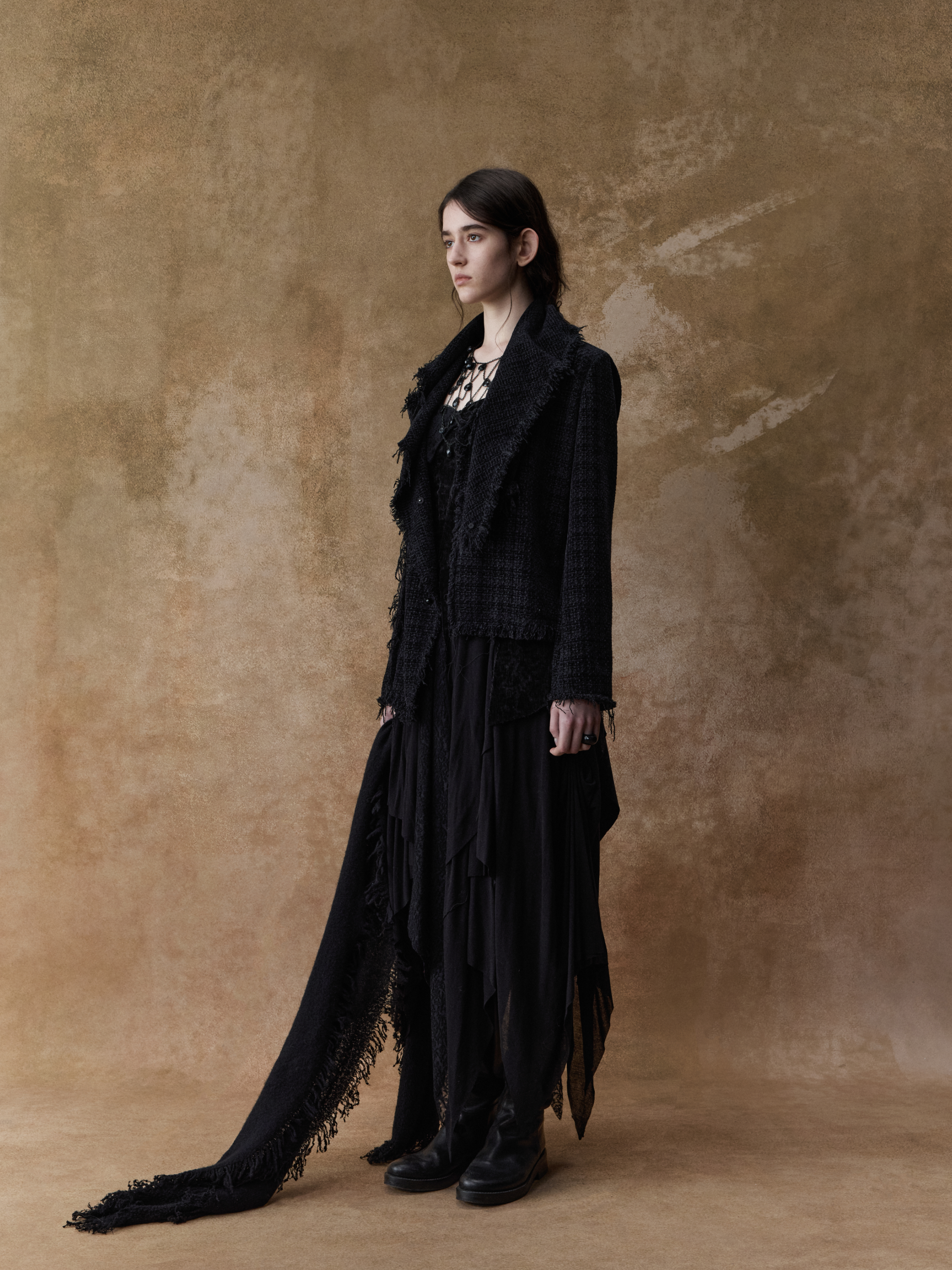 Black Frayed Edge Patterned Knit Coat