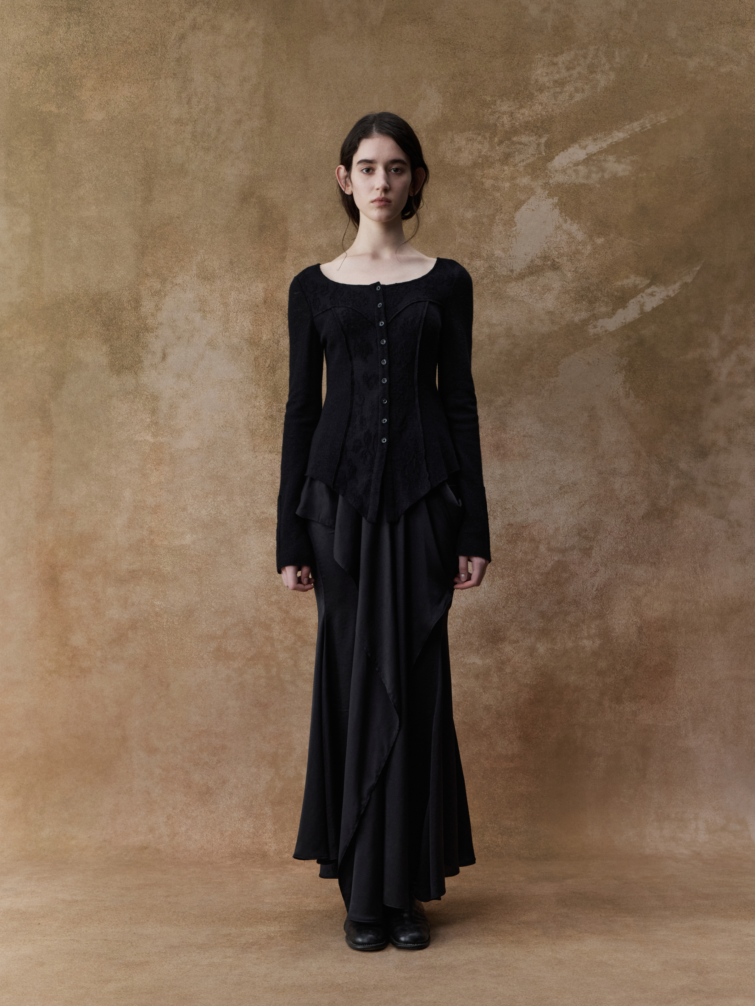 Black Wool Panelled Crewneck Top