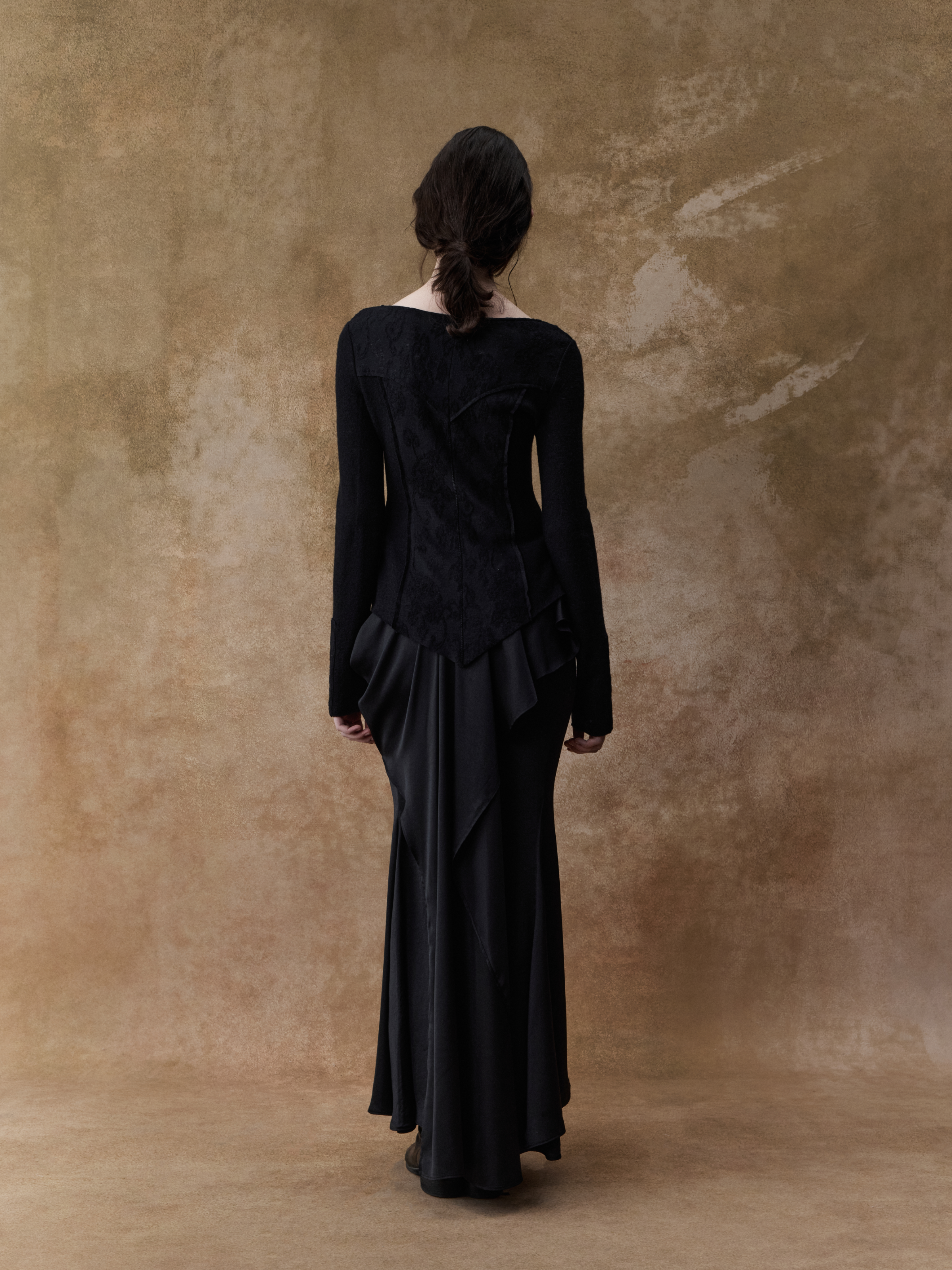 Black Structured Flowing Double-layer Midi Skirt