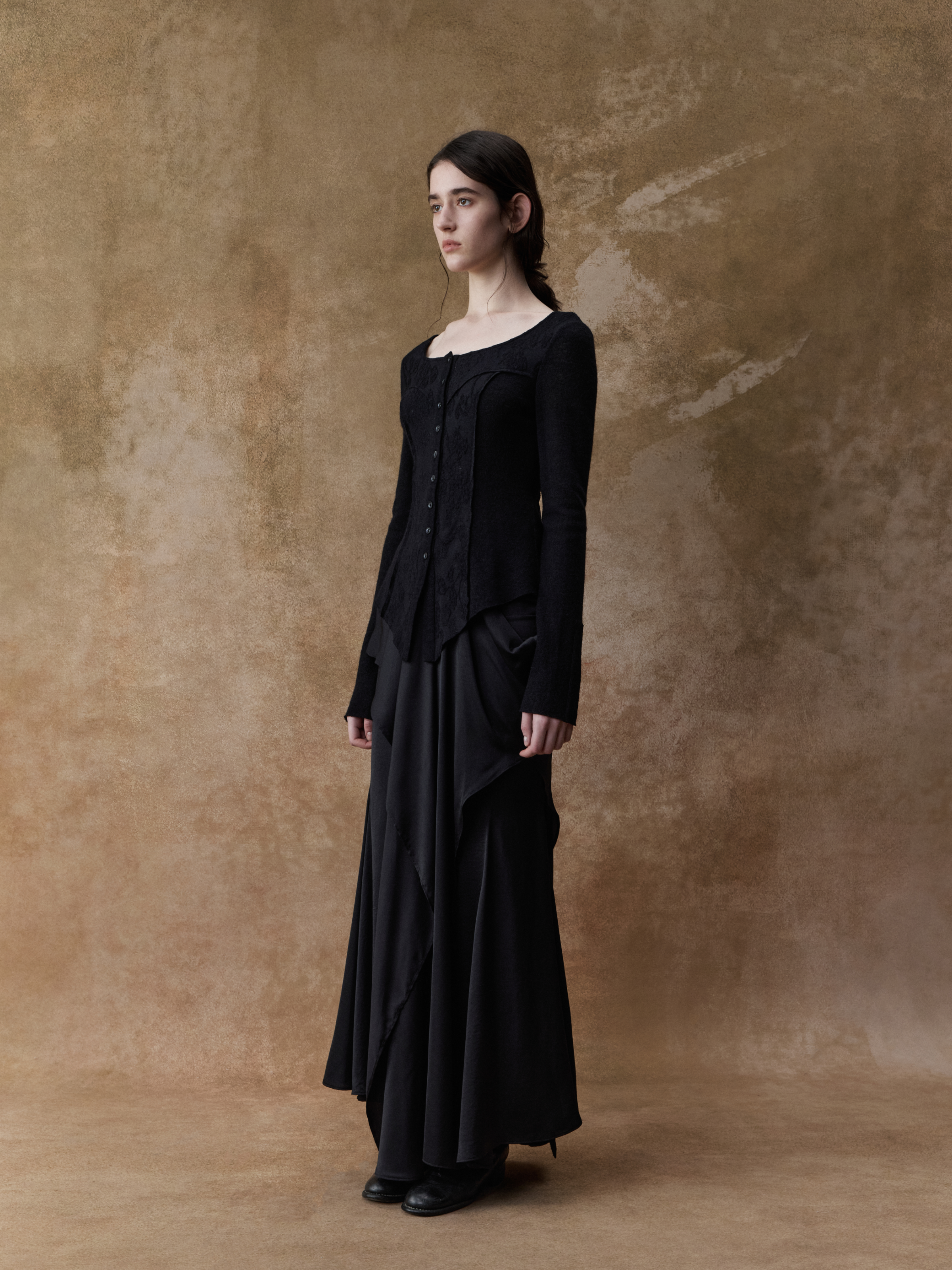 Black Structured Flowing Double-layer Midi Skirt