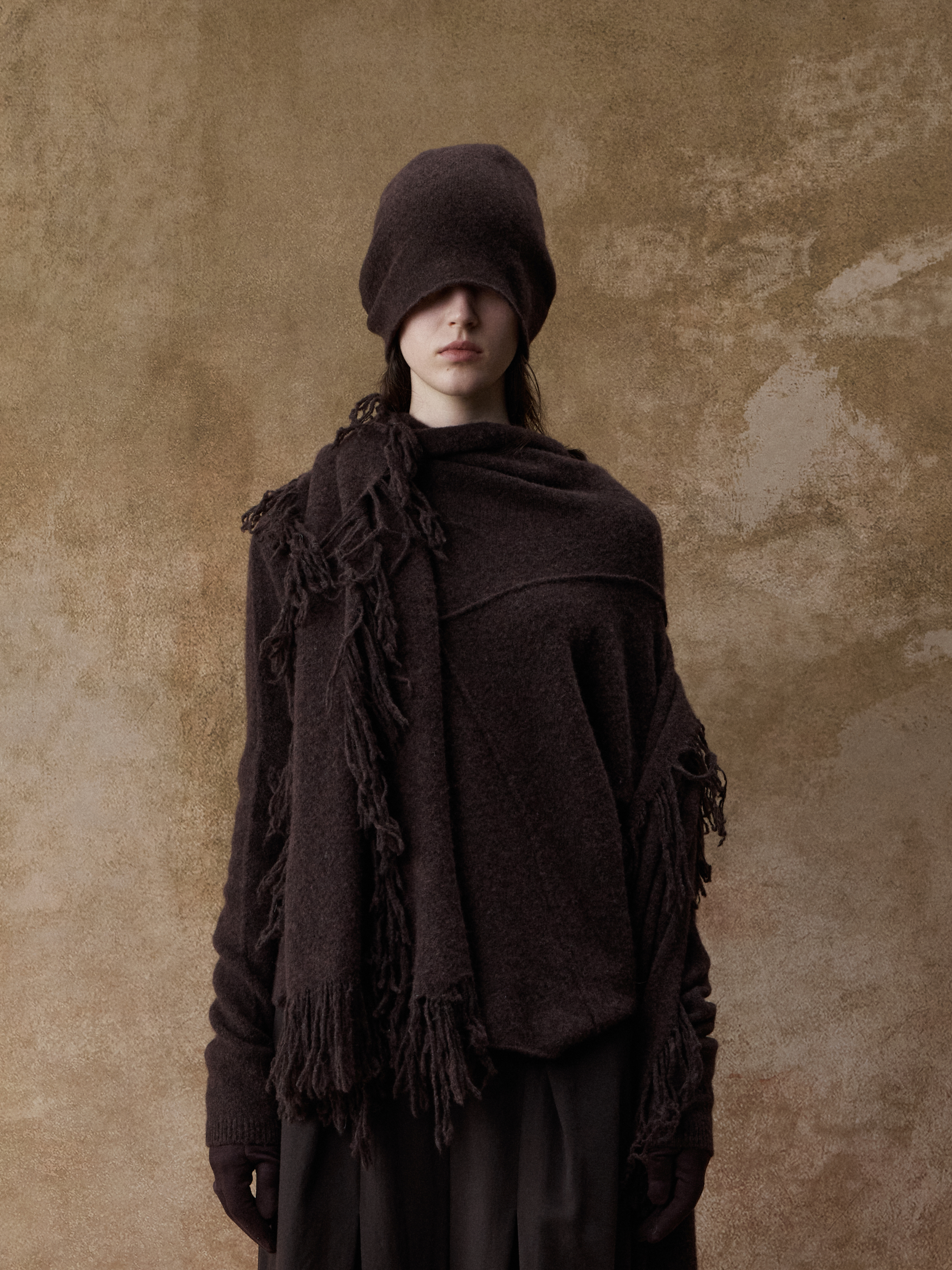 Floral Coffee Yak Wool Frayed Edge Scarf