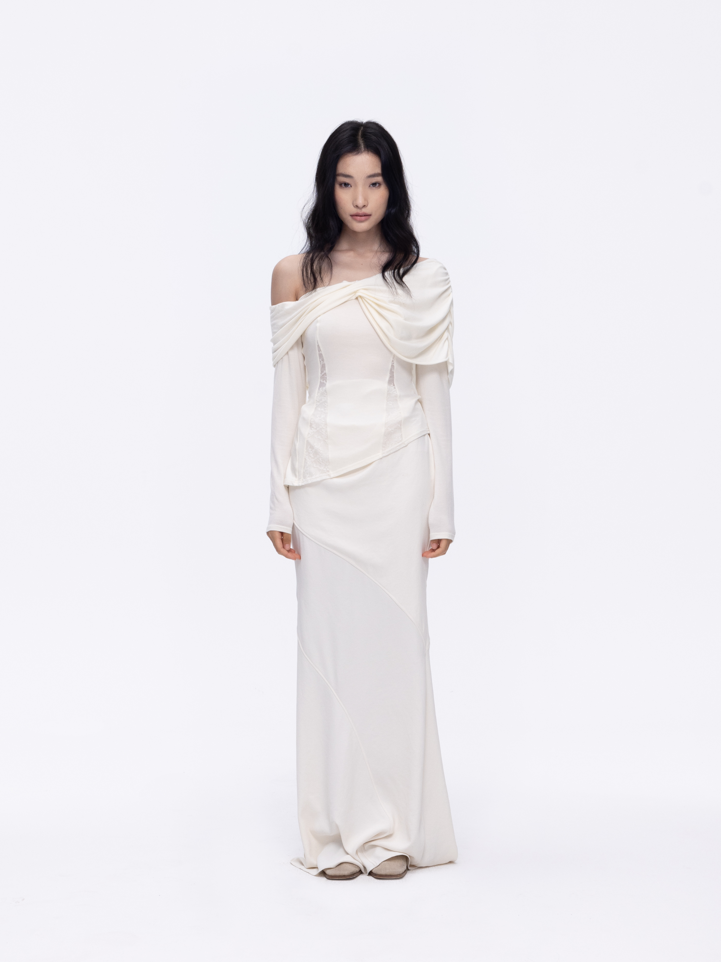 White Paneled Draped Mermaid Skirt