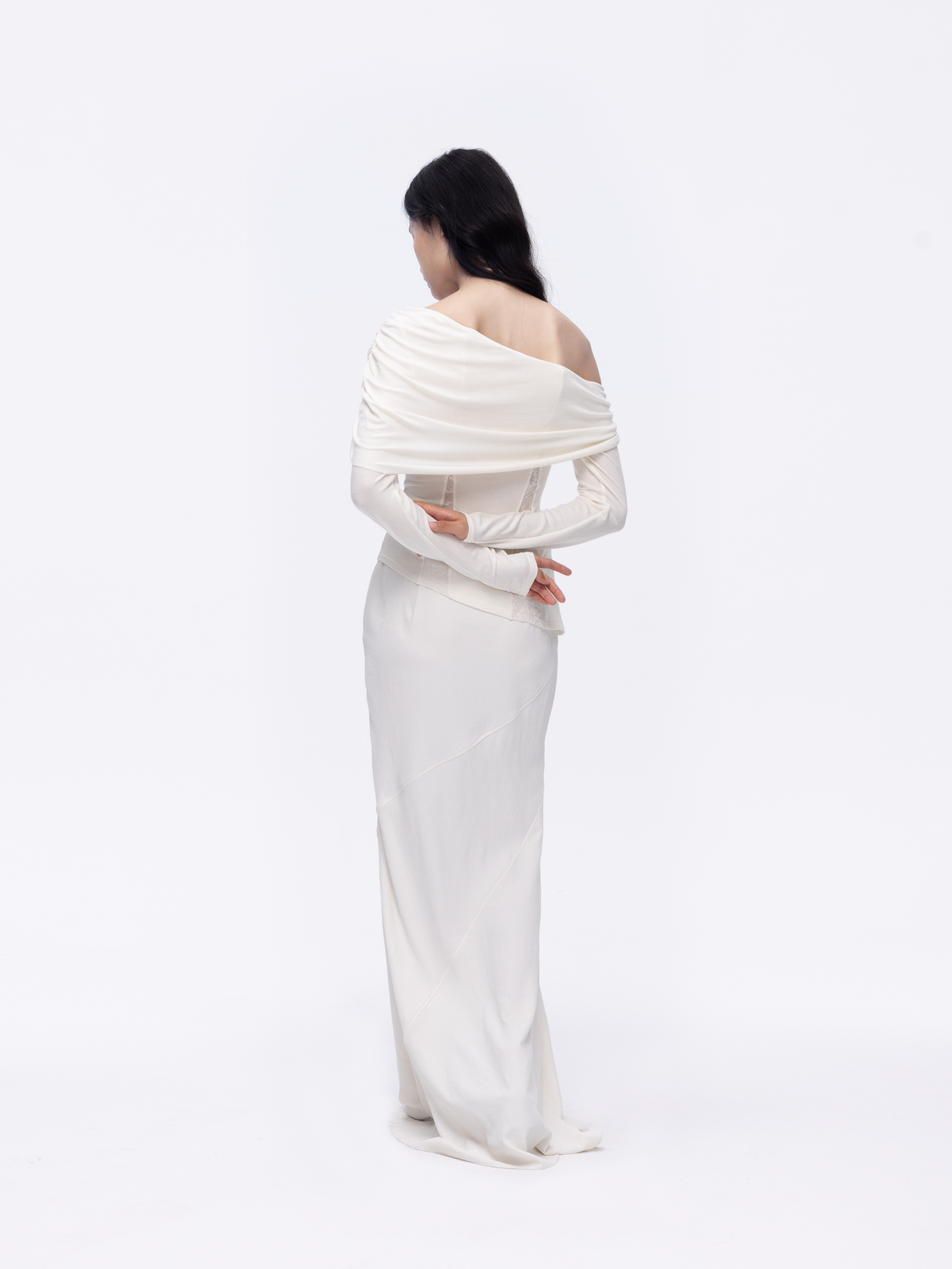 White Paneled Draped Mermaid Skirt