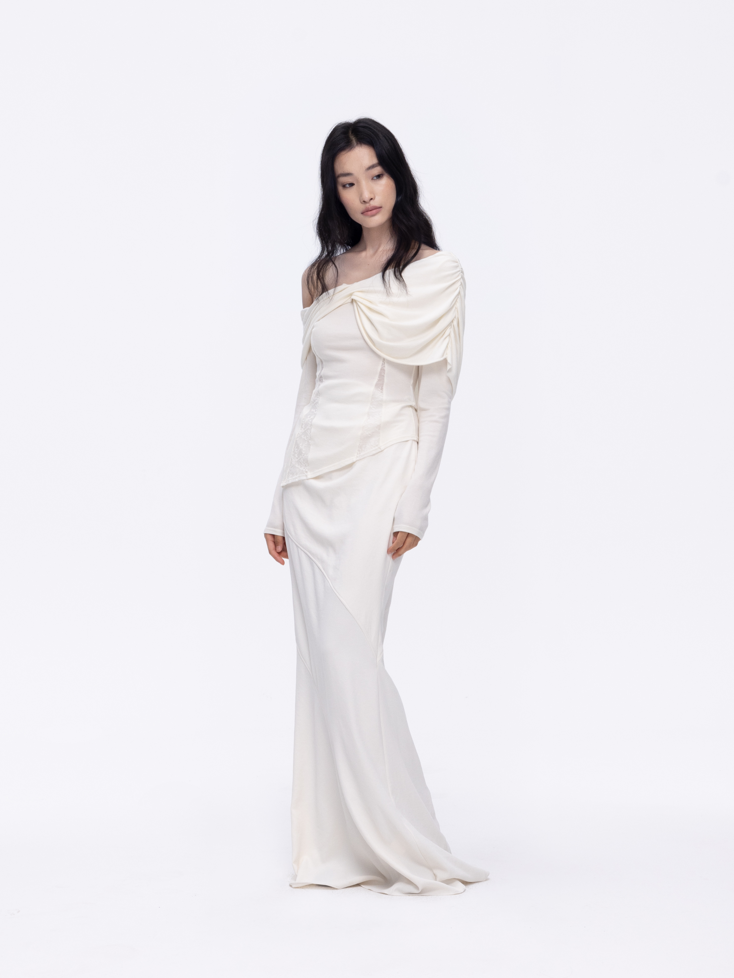 White Paneled Draped Mermaid Skirt