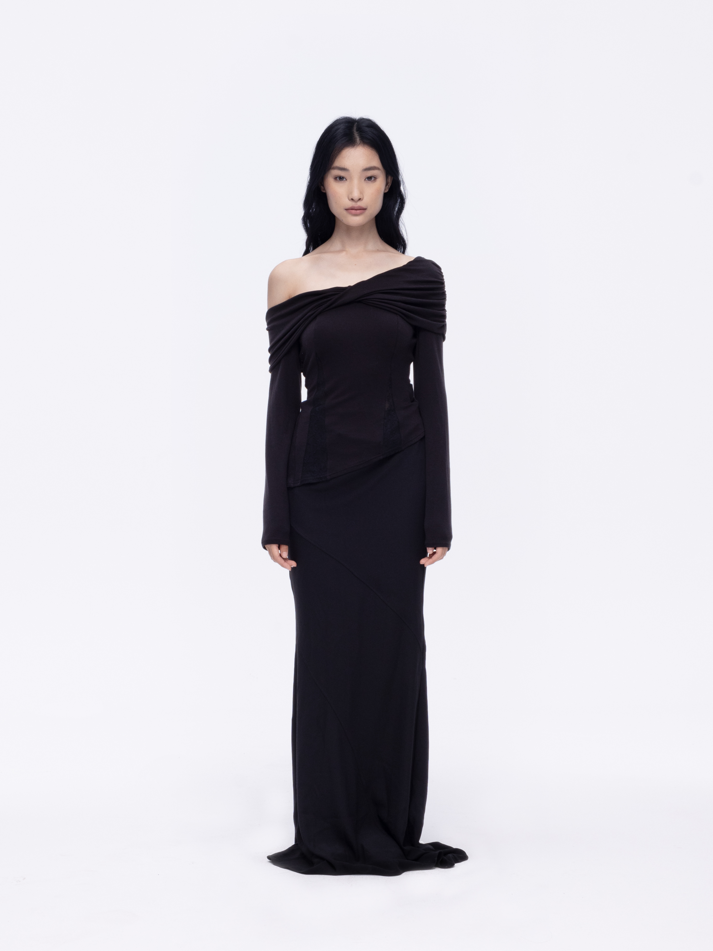 Black Paneled Draped Mermaid Skirt
