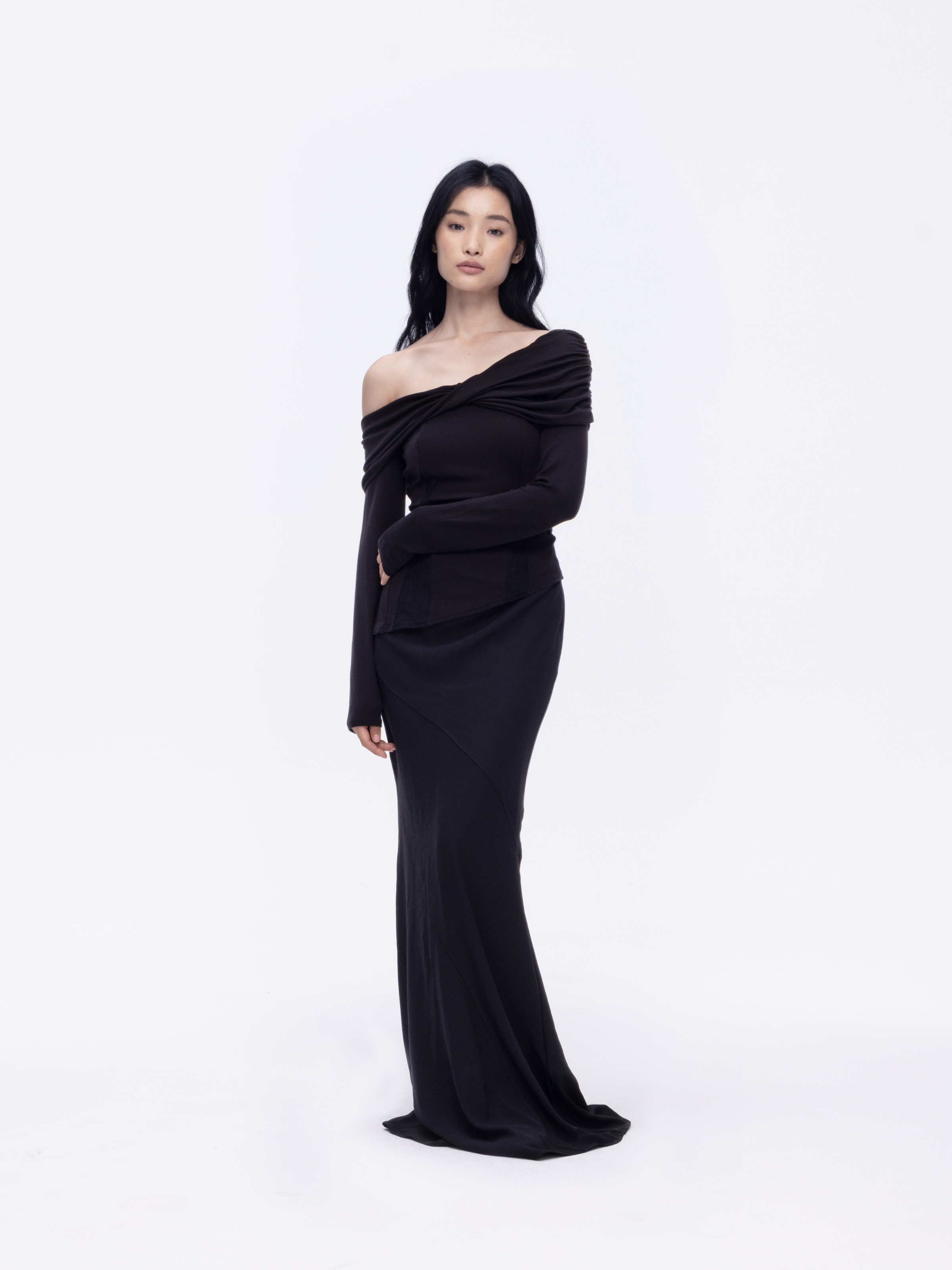 Black Paneled Draped Mermaid Skirt