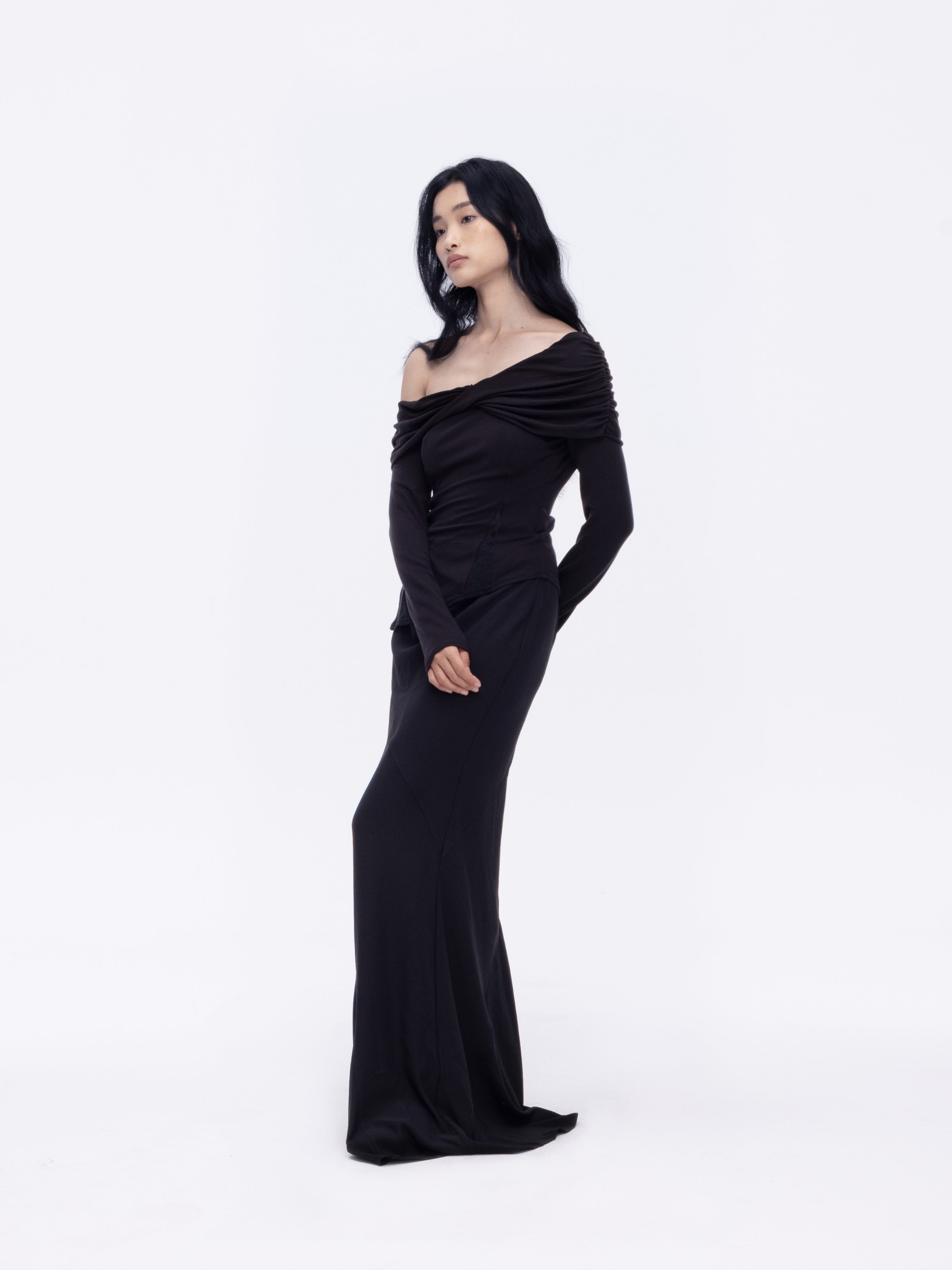 Black Paneled Draped Mermaid Skirt