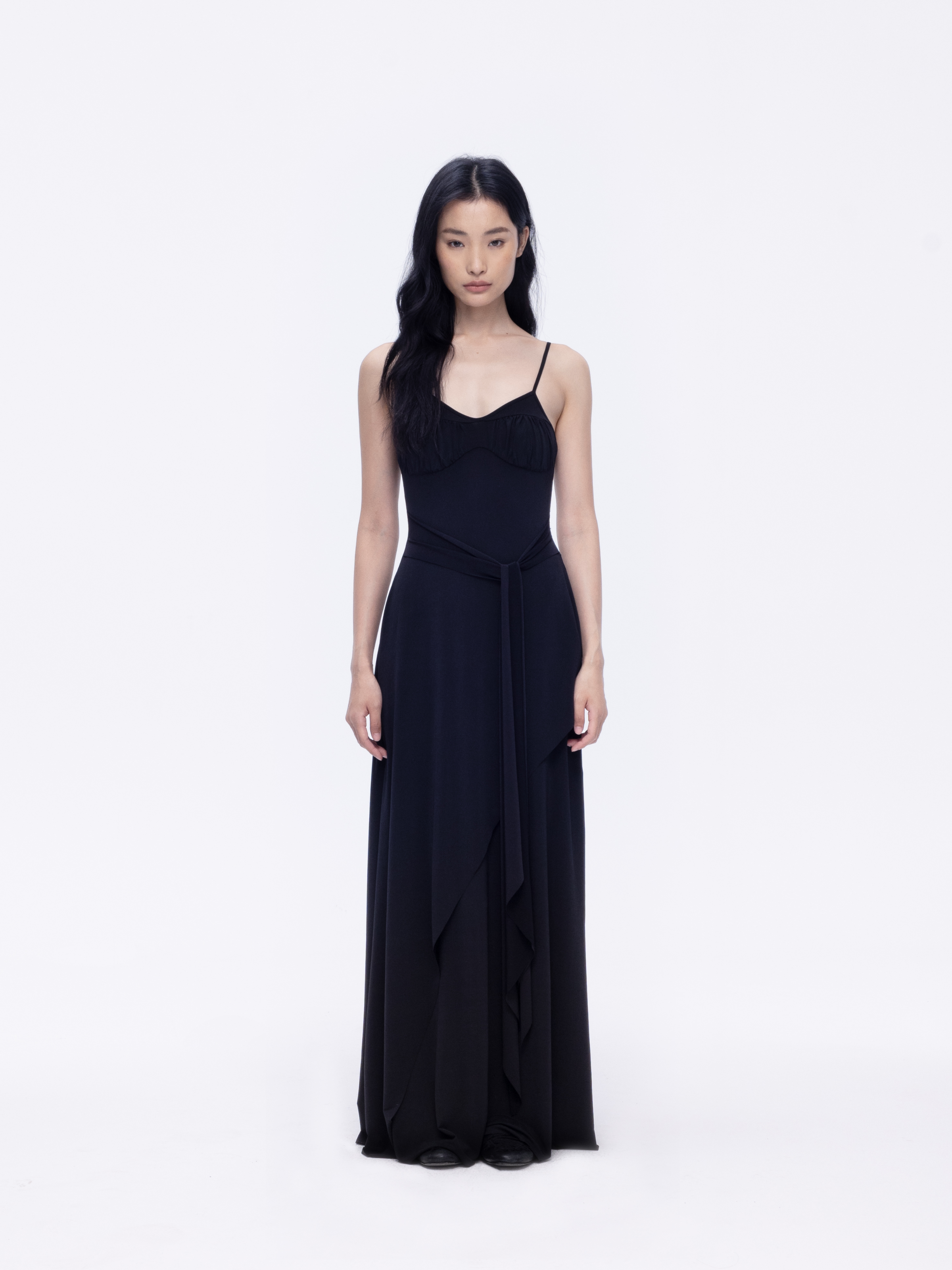 Black Gathered Tie-front Slip Dress