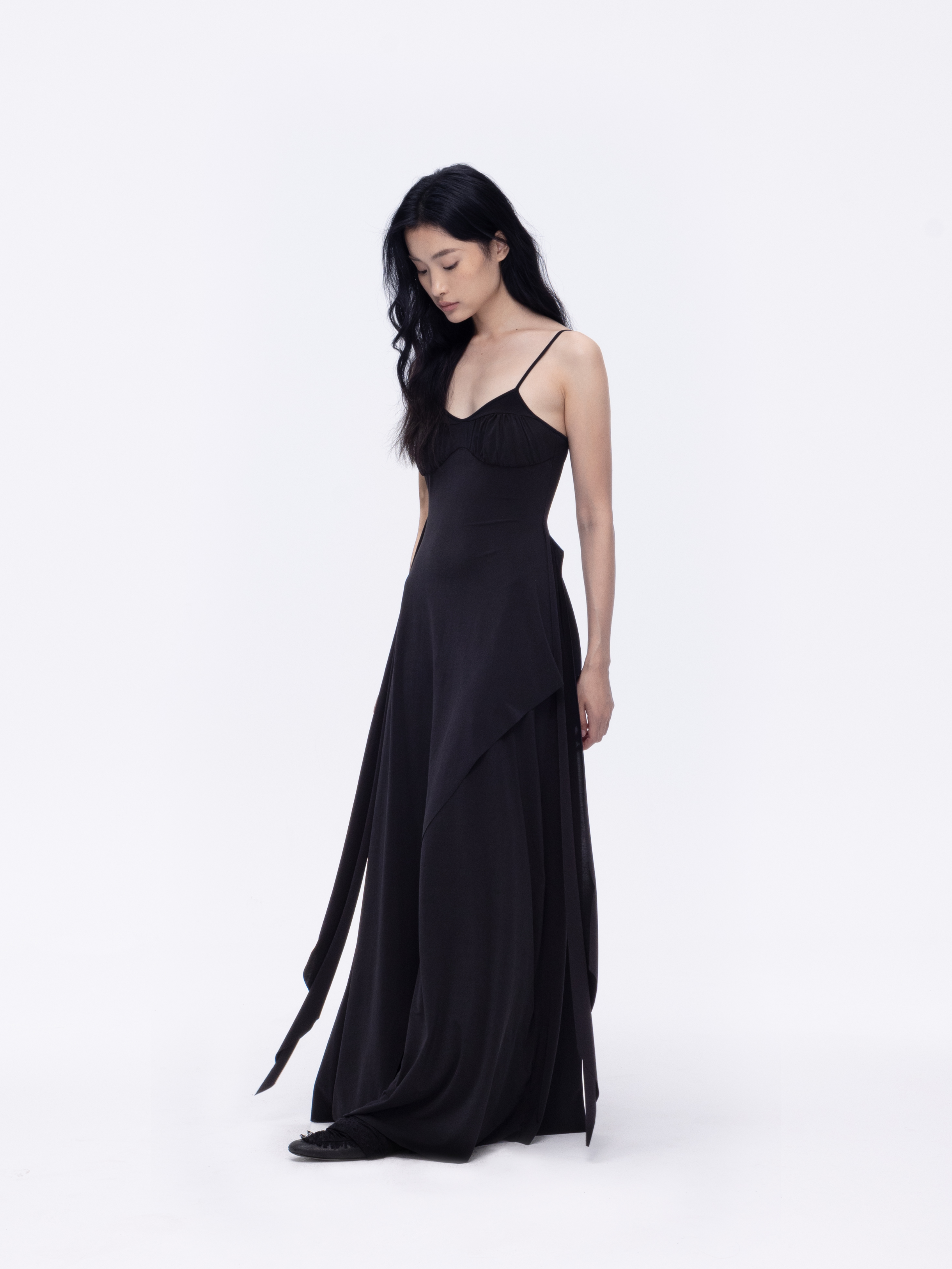 Black Gathered Tie-front Slip Dress
