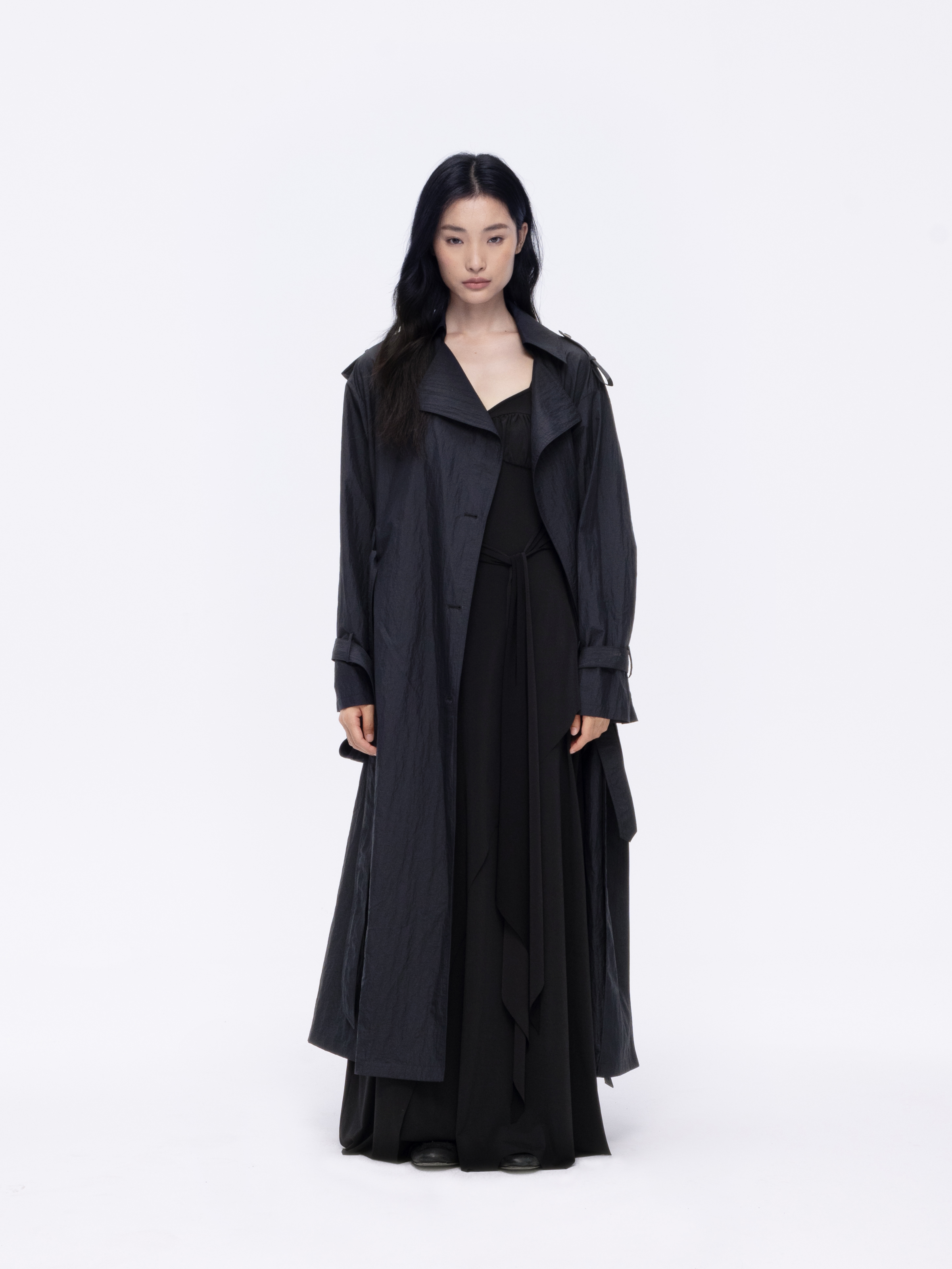 Blue-black Textured Belted Long Coat