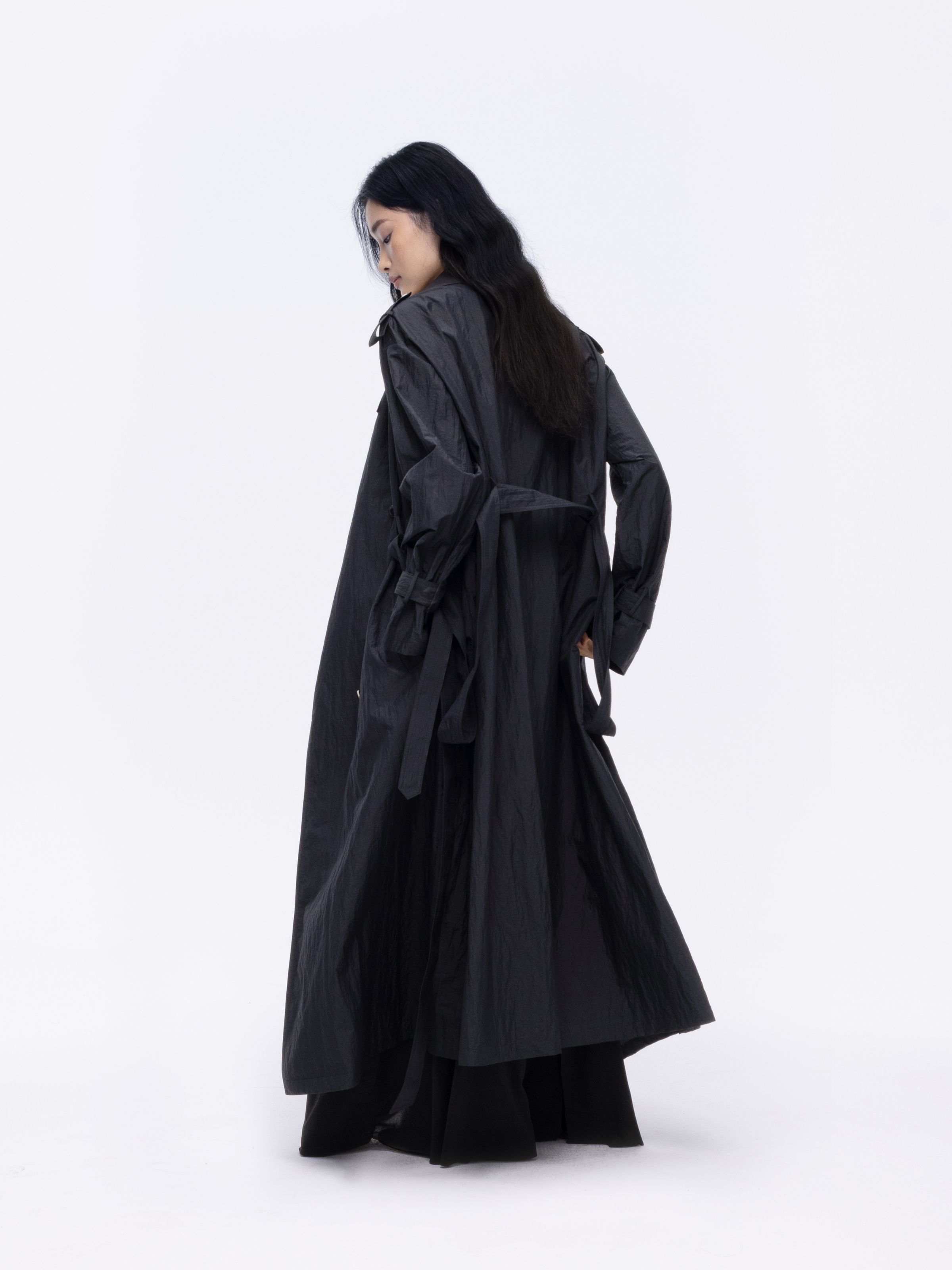 Blue-black Textured Belted Long Coat