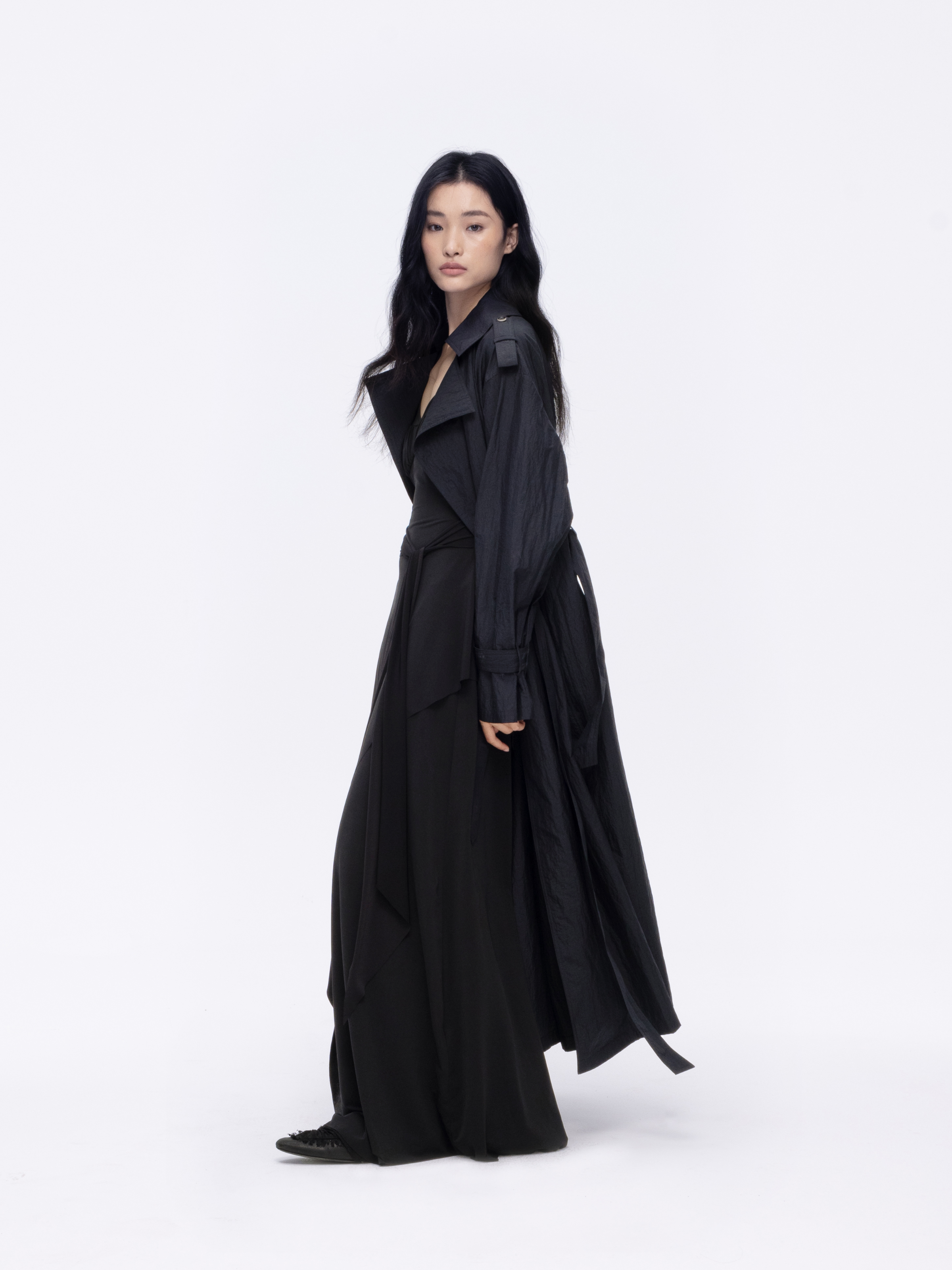 Blue-black Textured Belted Long Coat