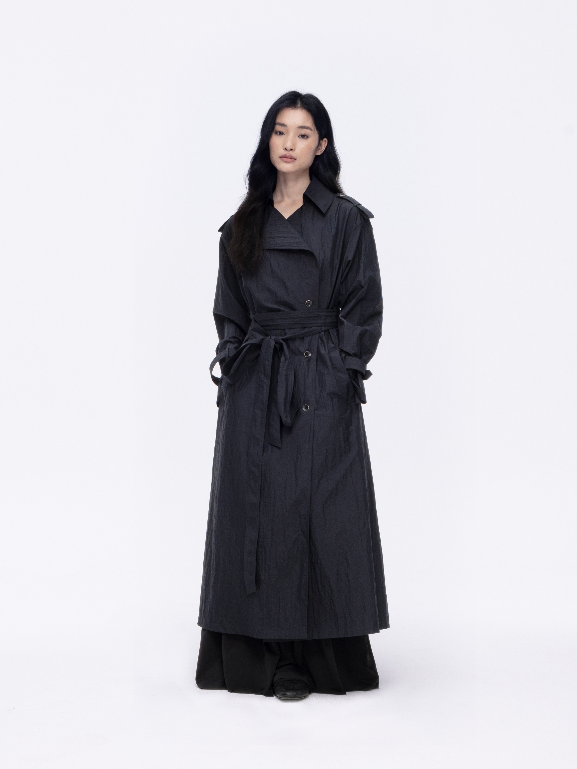 Blue-black Textured Belted Long Coat