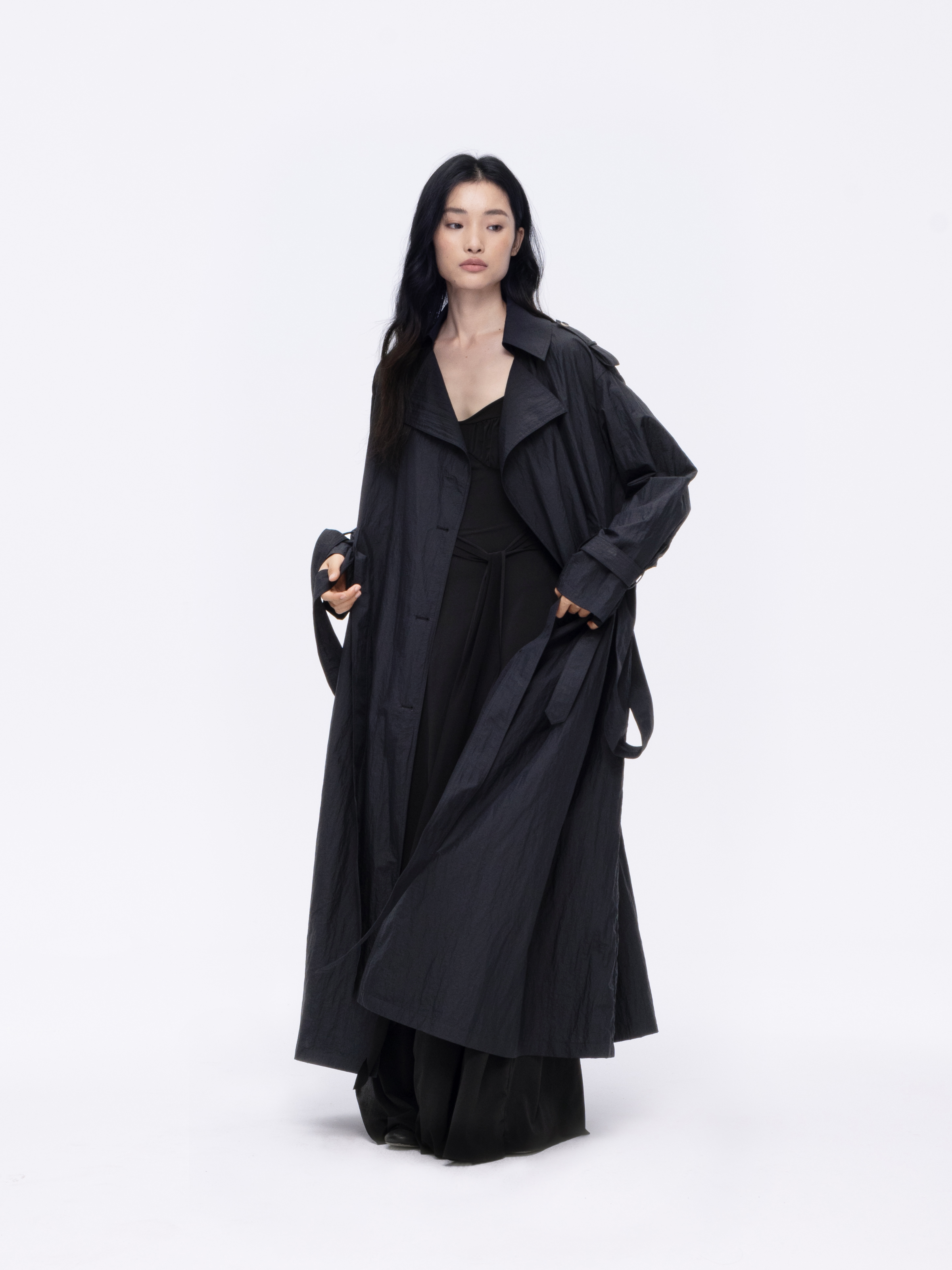 Blue-black Textured Belted Long Coat