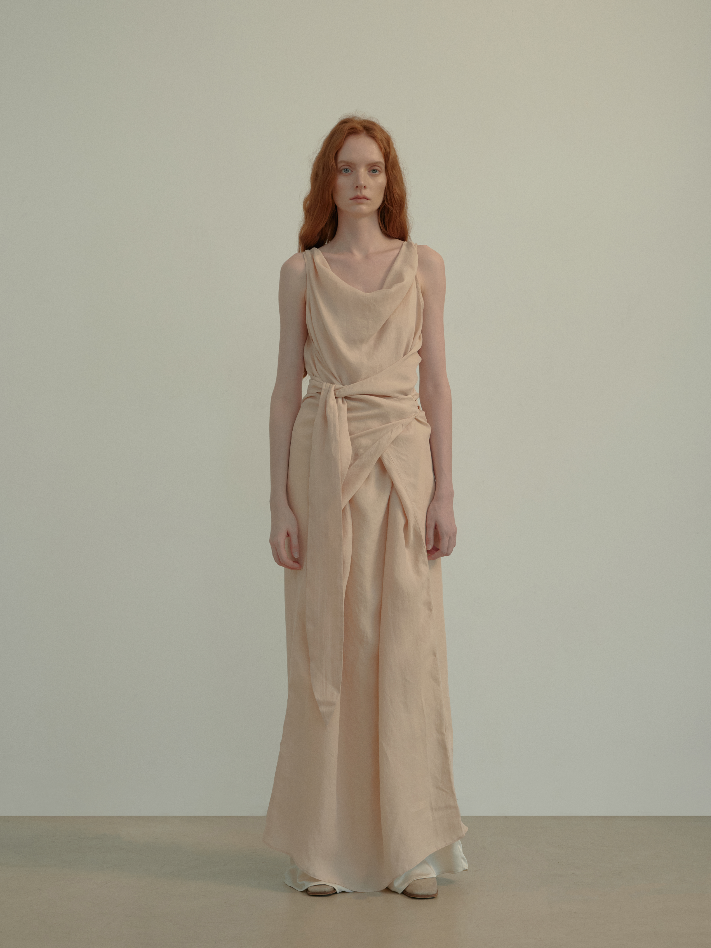 Beige Draped Tie-Front Dress