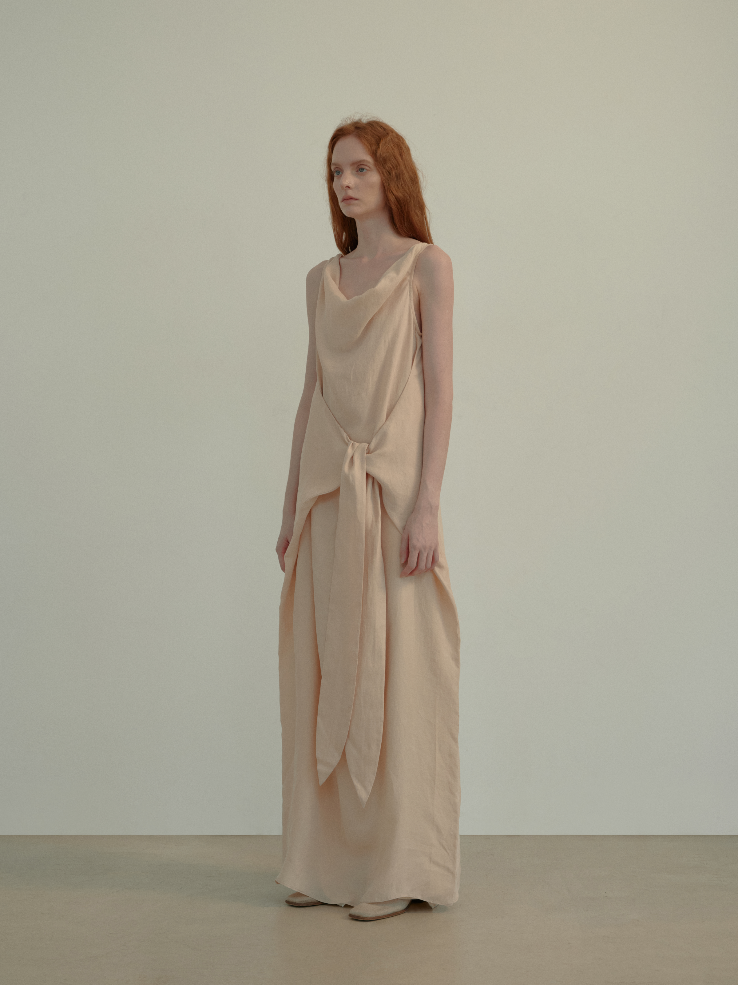 Beige Draped Tie-Front Dress