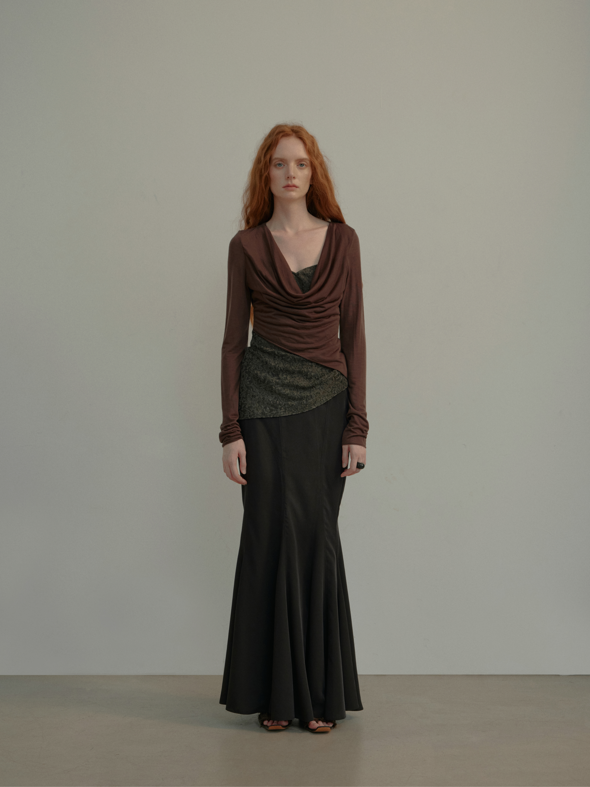 Dark Brown Knit Lace Draped Neck Top