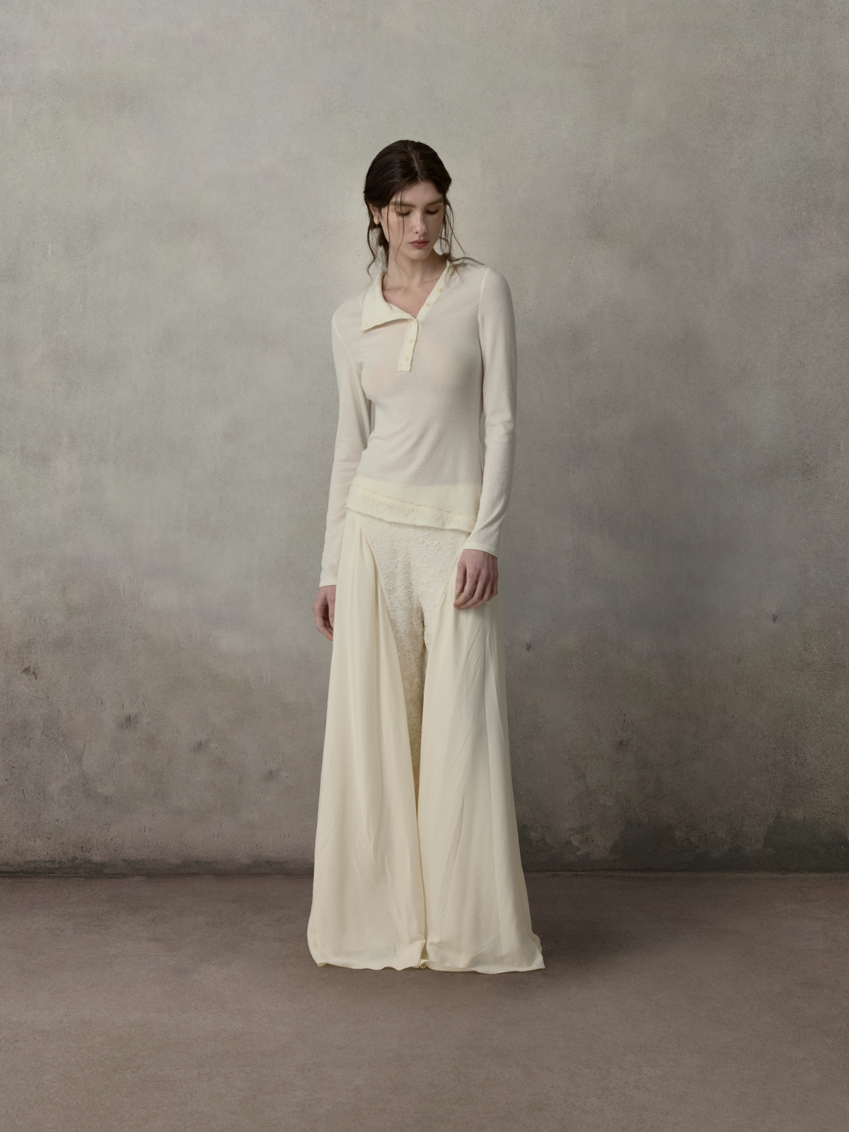 White Lace Panelled Asymmetric Collar Top