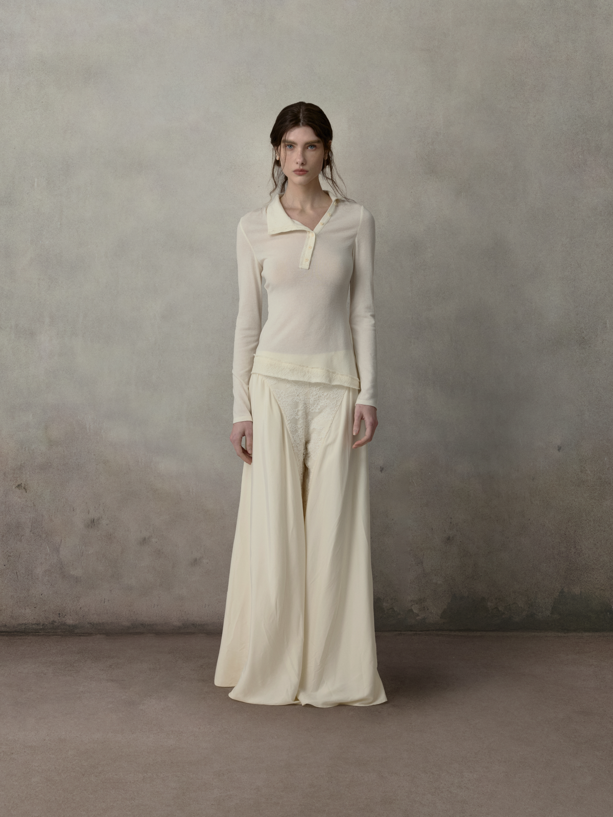 White Lace Panelled Asymmetric Collar Top