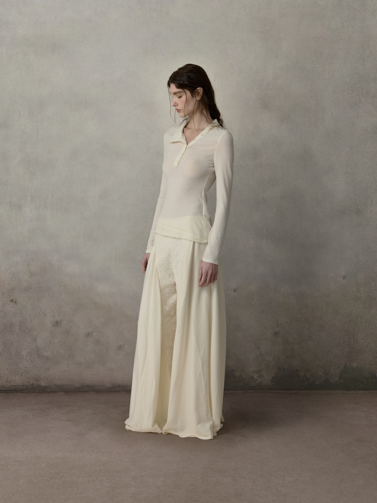 White Lace Panelled Asymmetric Collar Top