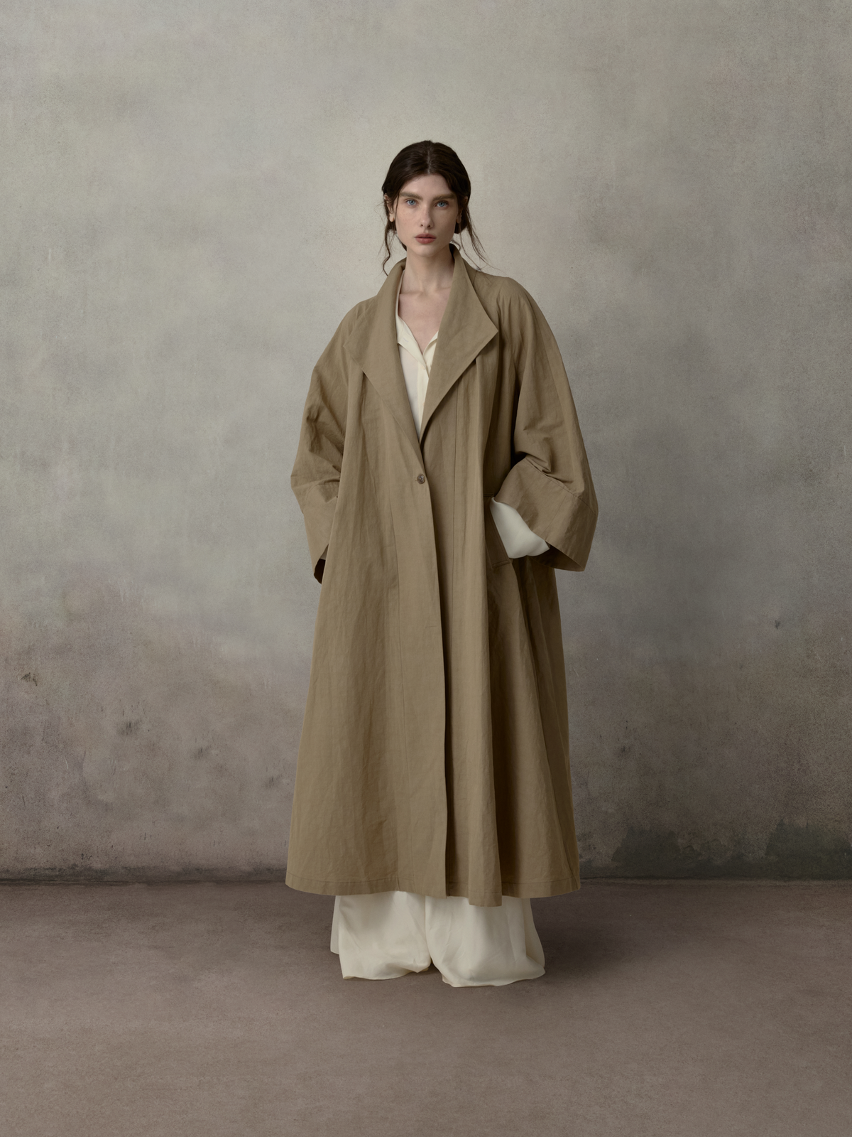 Khaki Pleated Oversized Trench Coat