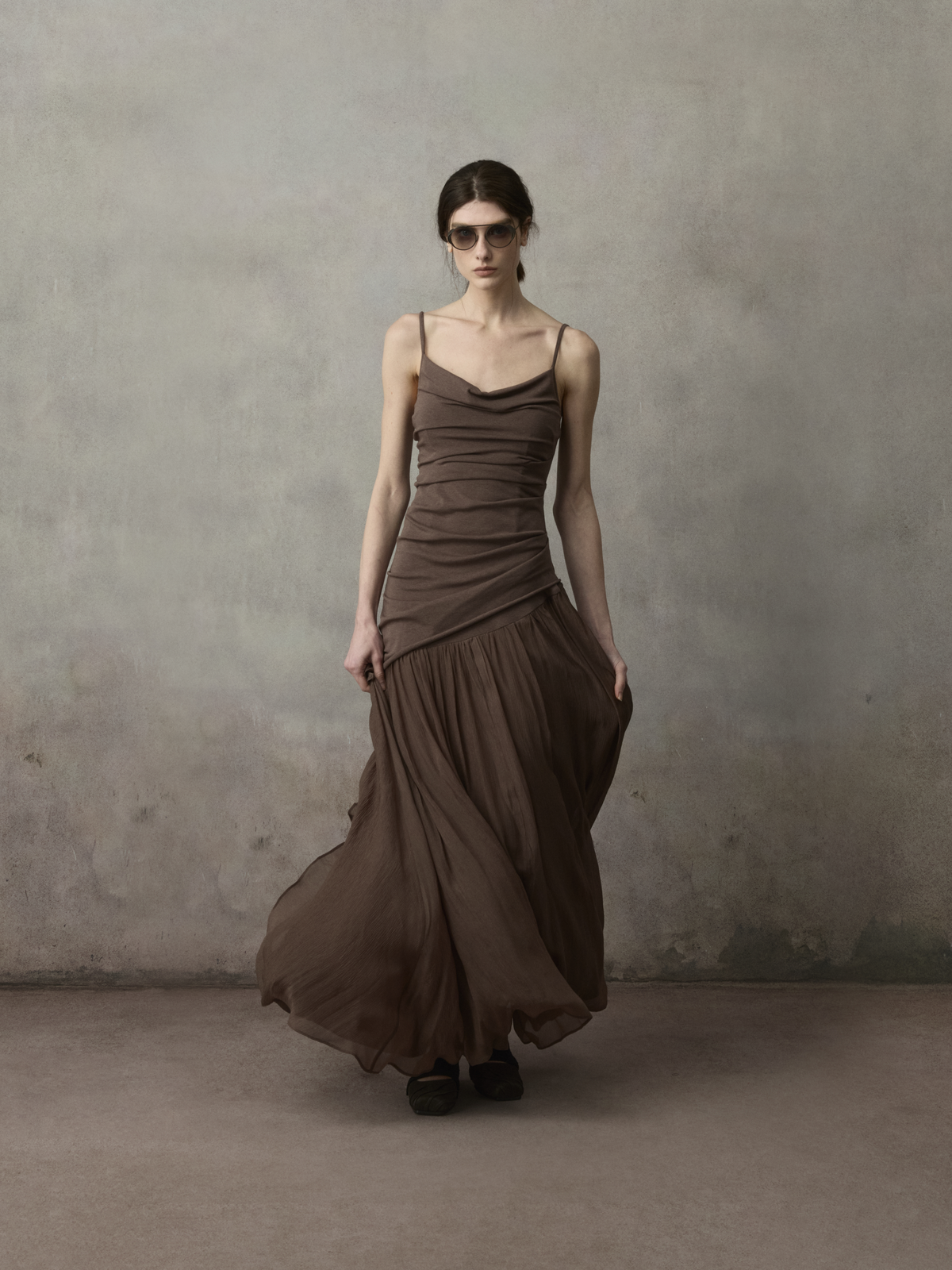 Violet Brown Knit Cowl Neck Strap Dress