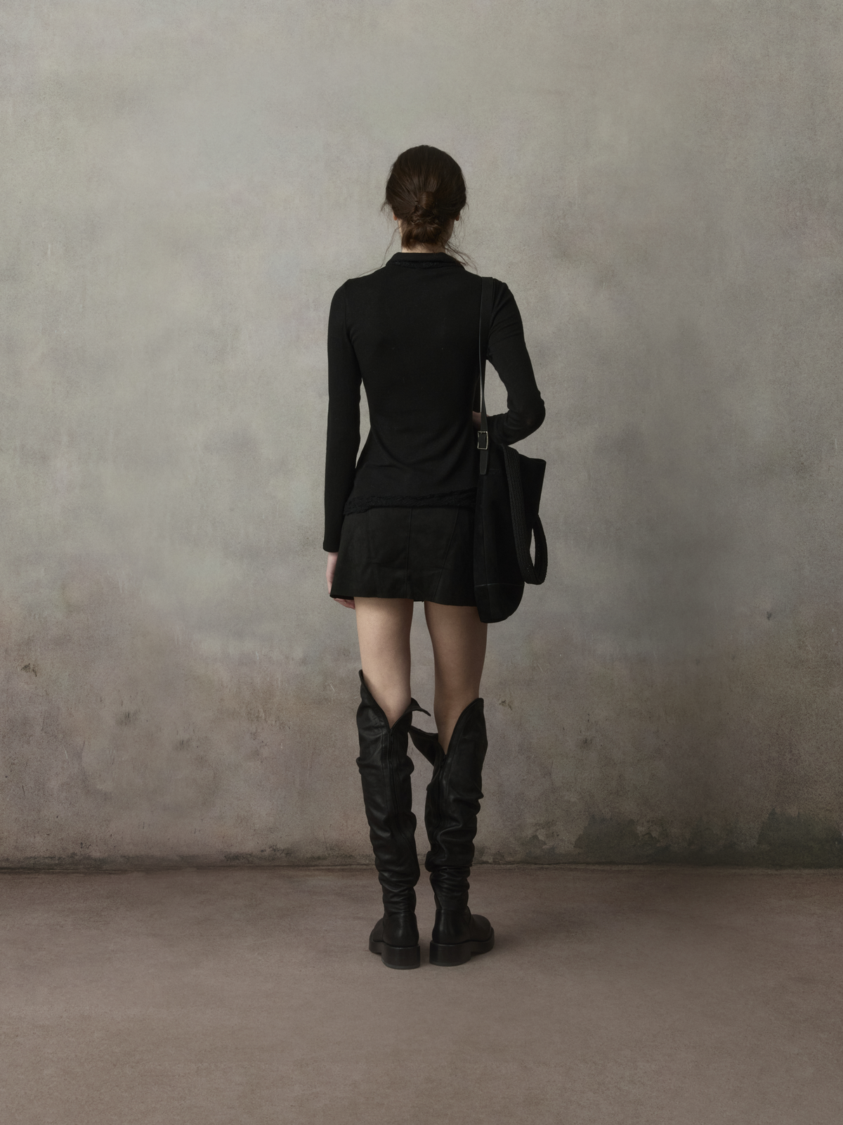 Black Lace Panelled Asymmetric Collar Top