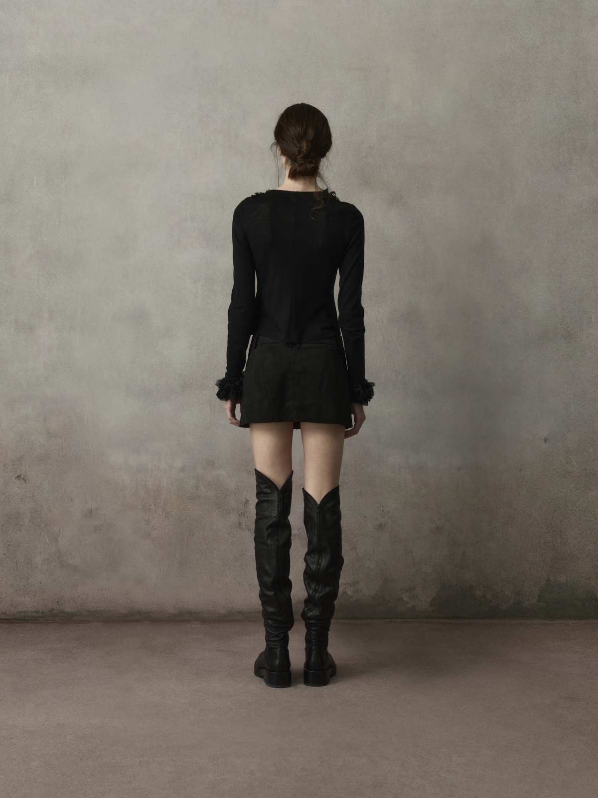 Black Lace-Trim Cuff Ruffle Top