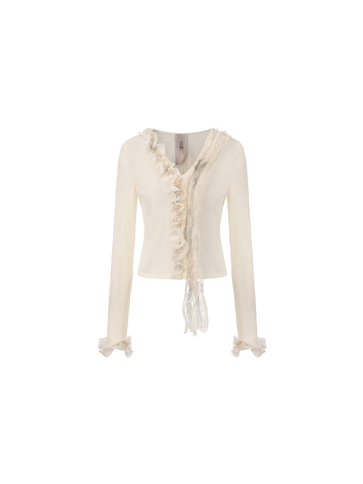 White Lace-Trim Cuff Ruffle Top