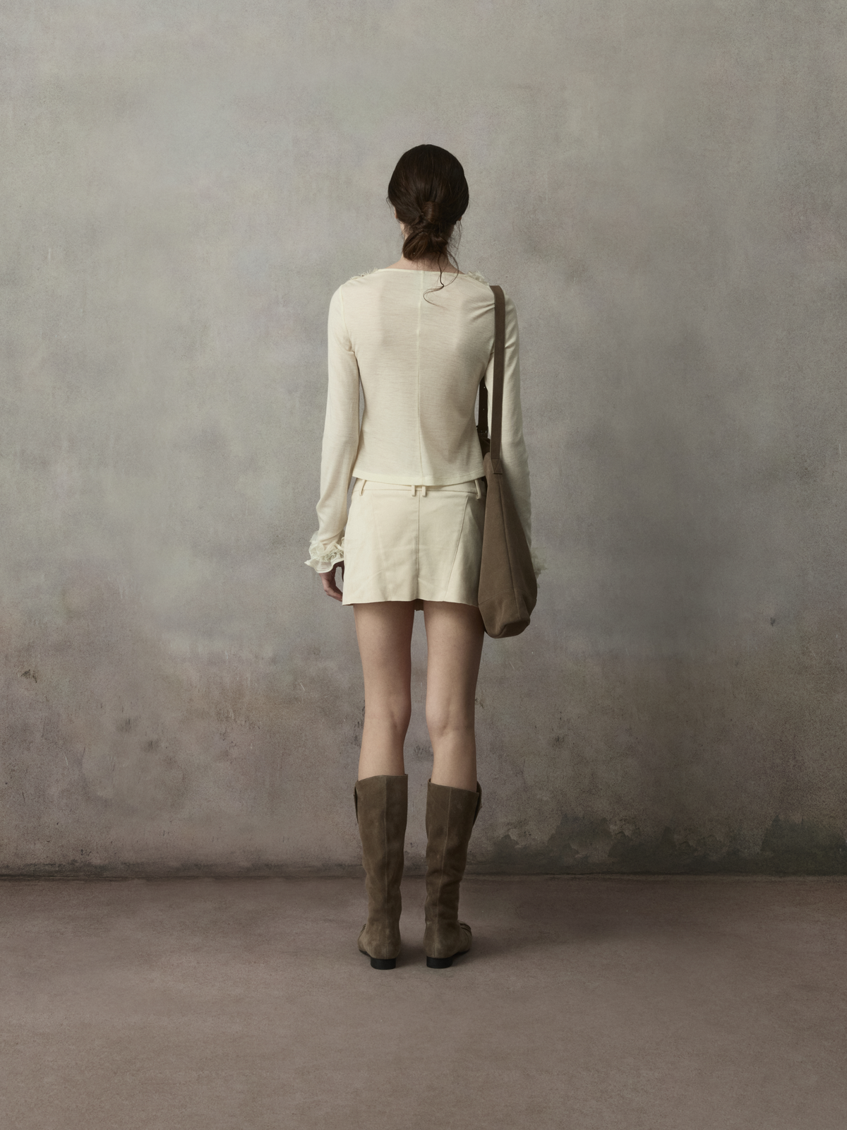 Beige Suede Low-Waist Mini Skort