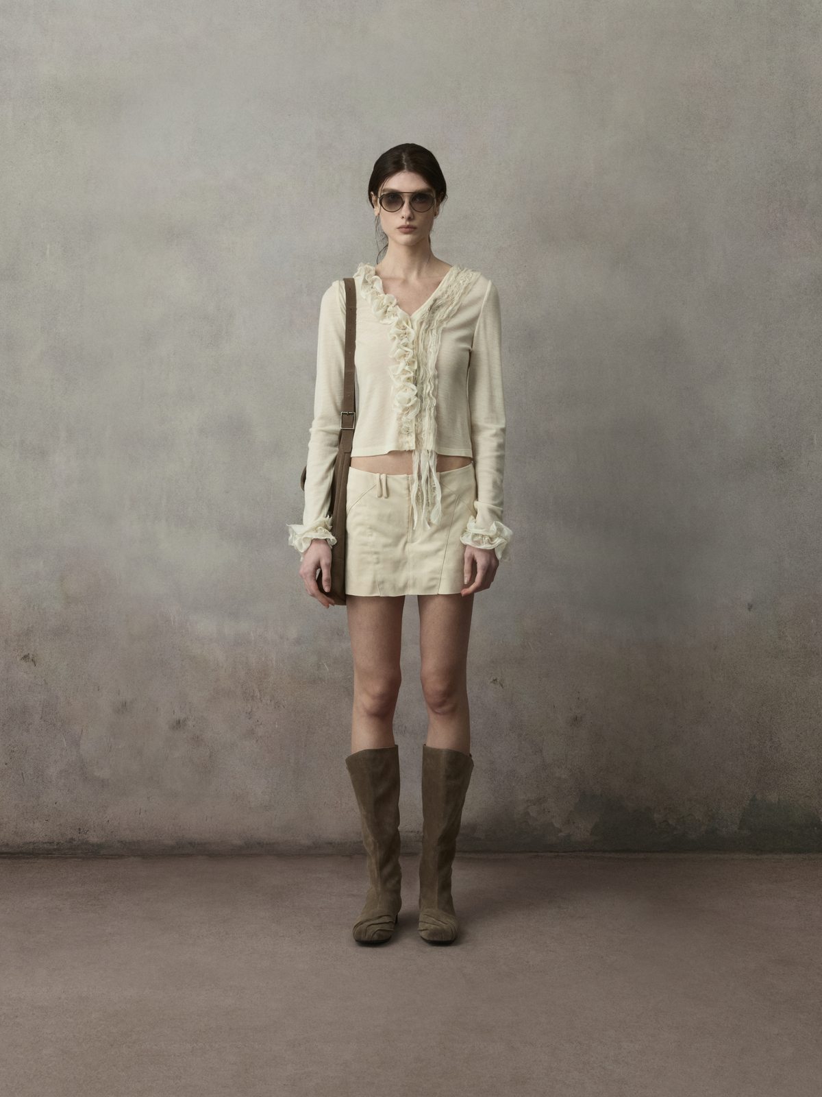 Beige Suede Low-Waist Mini Skort