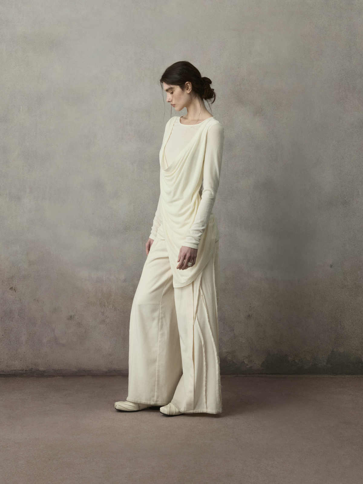 Beige Loose-Fit Draped Panel Knit Top