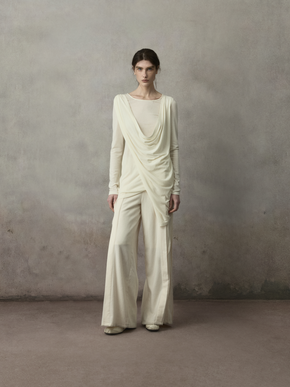 Beige Loose-Fit Draped Panel Knit Top