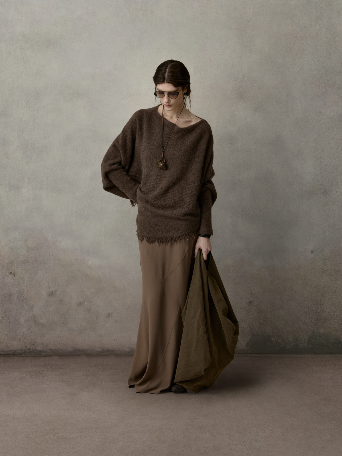 Dark Brown Texture Panelled Knitwear