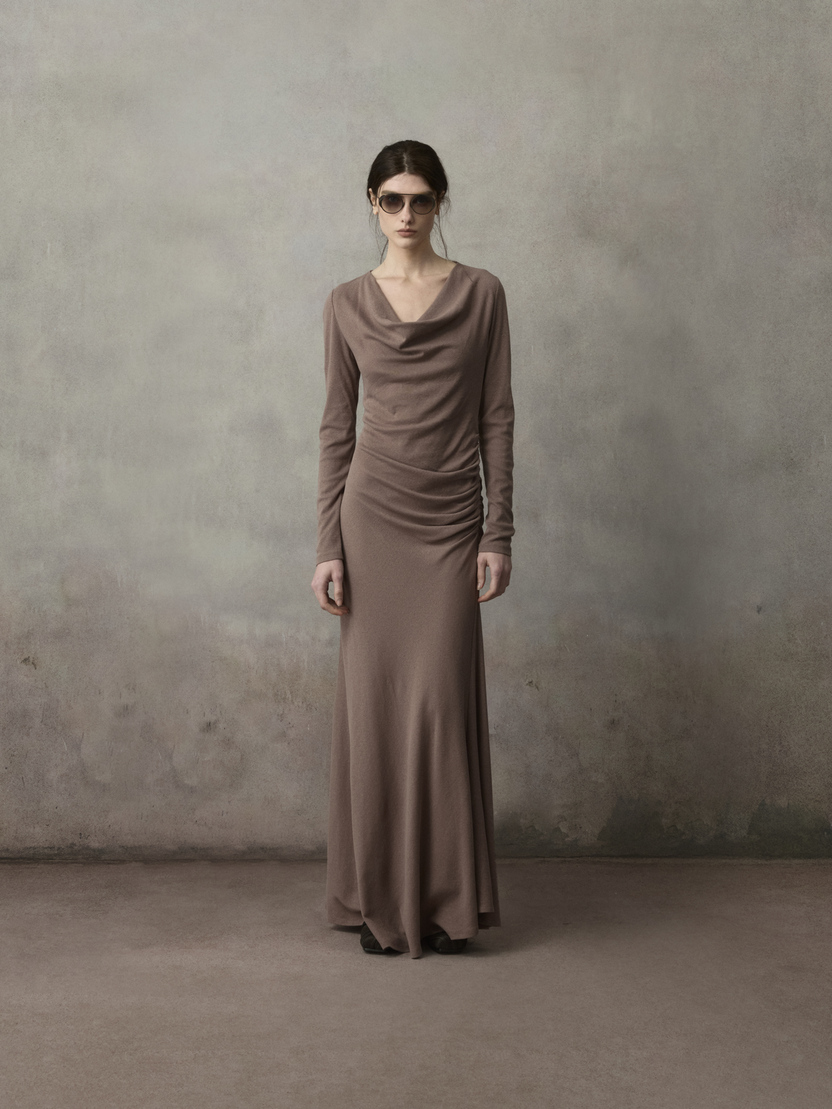 Draped Cowl Neck Shirred Knit Dress