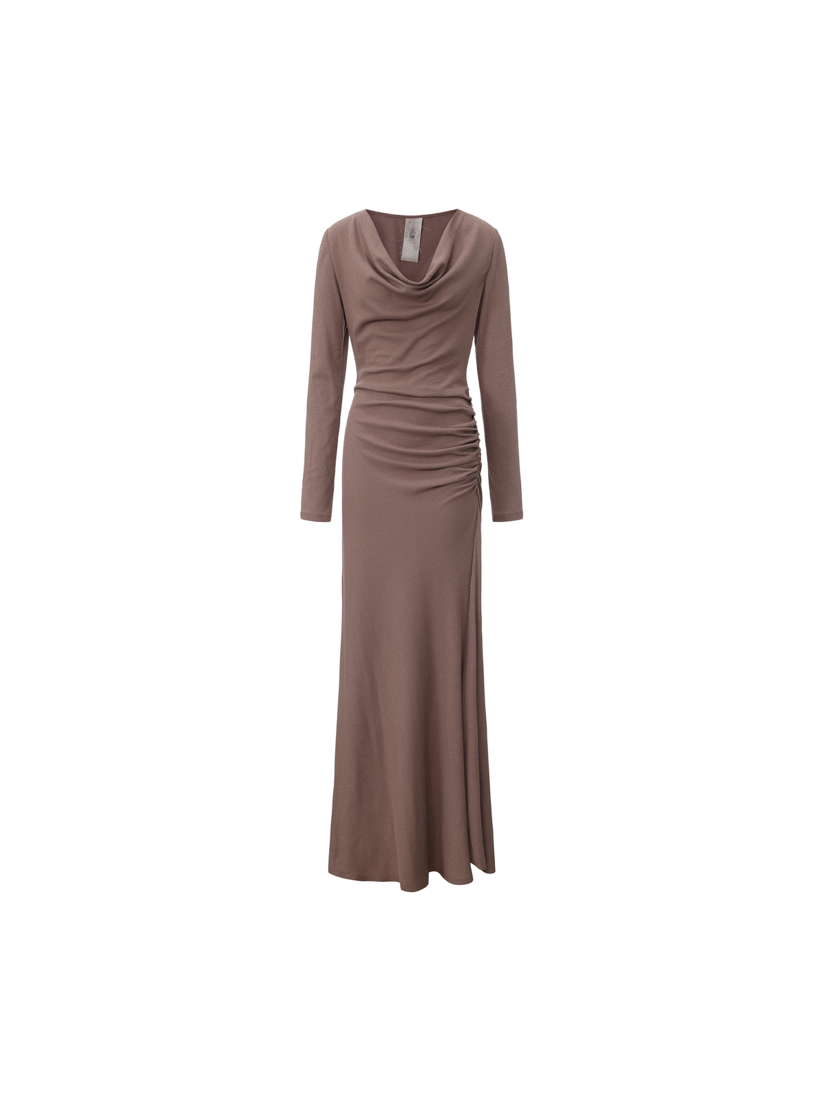 Draped Cowl Neck Shirred Knit Dress