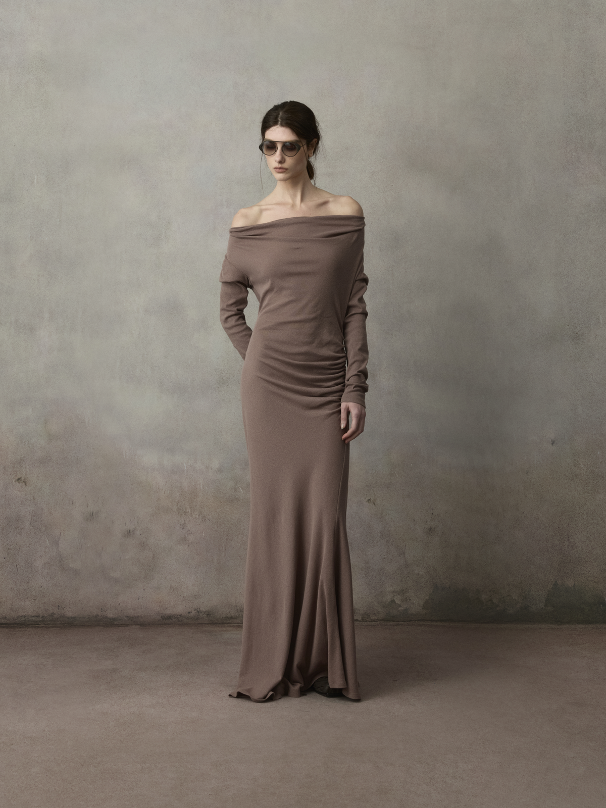 Draped Cowl Neck Shirred Knit Dress