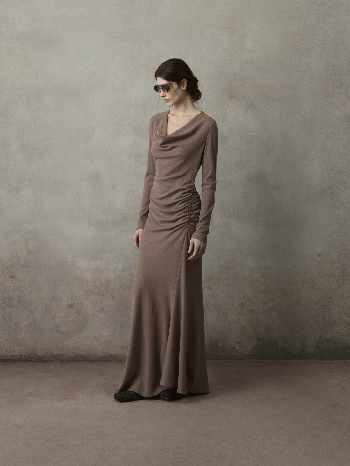 Draped Cowl Neck Shirred Knit Dress