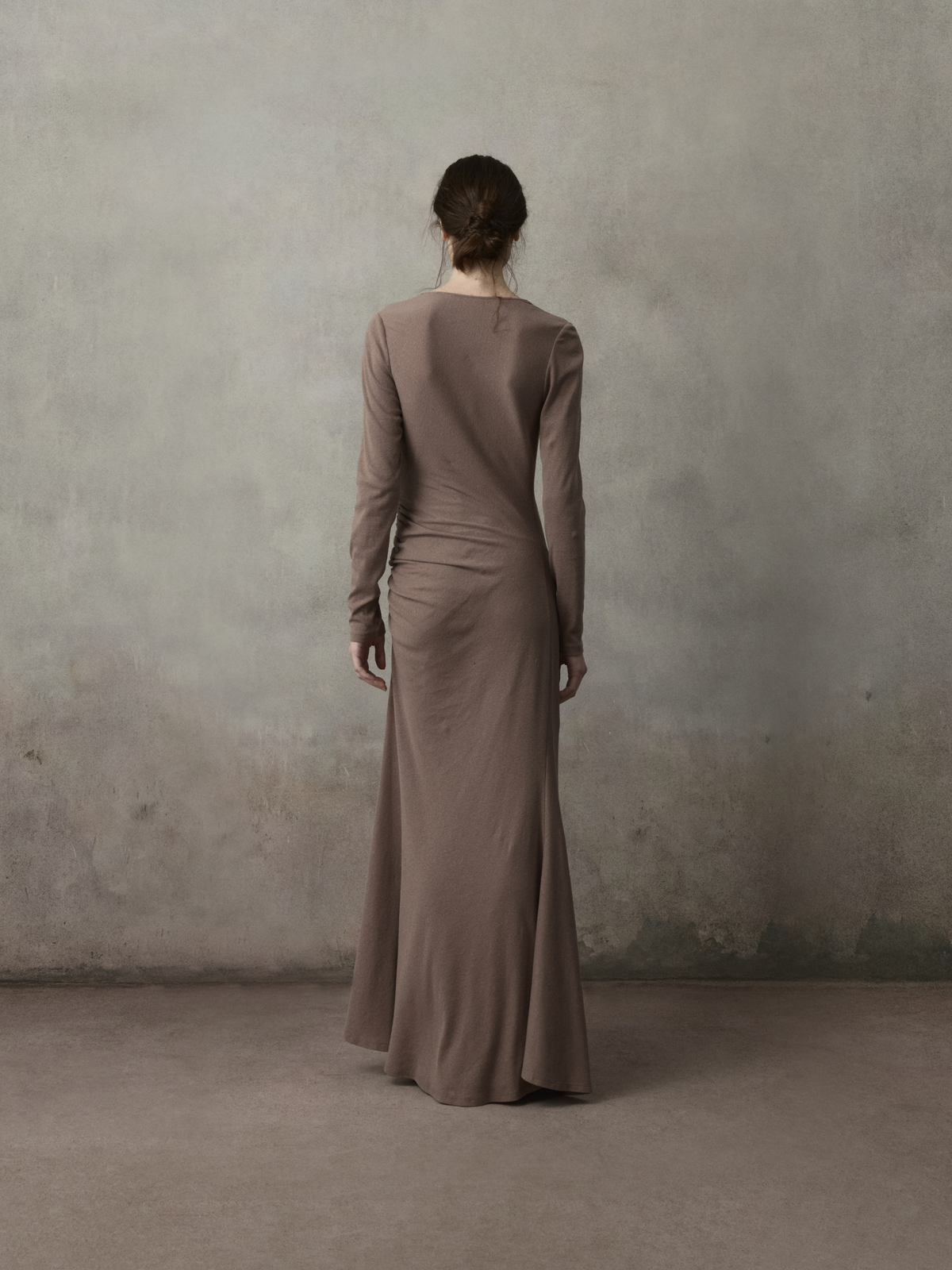 Draped Cowl Neck Shirred Knit Dress
