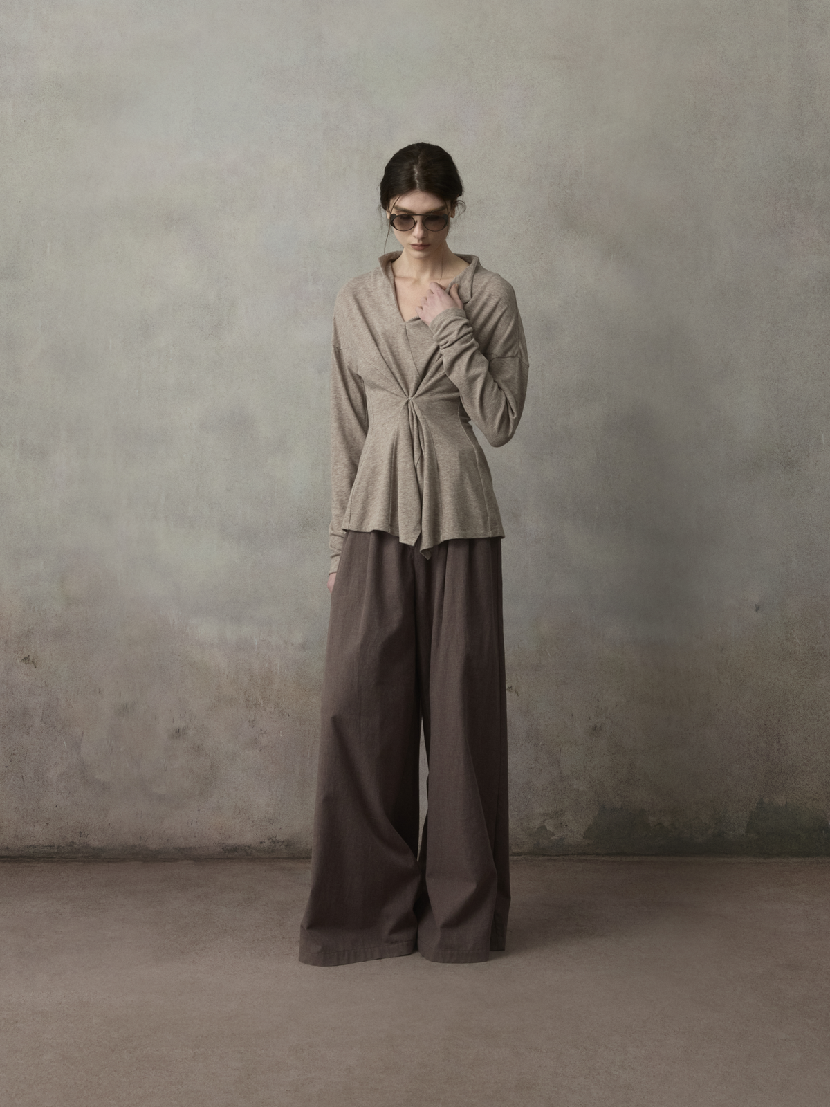 Purpleish Coffee Asymmetrical-Placket Pleated Pants